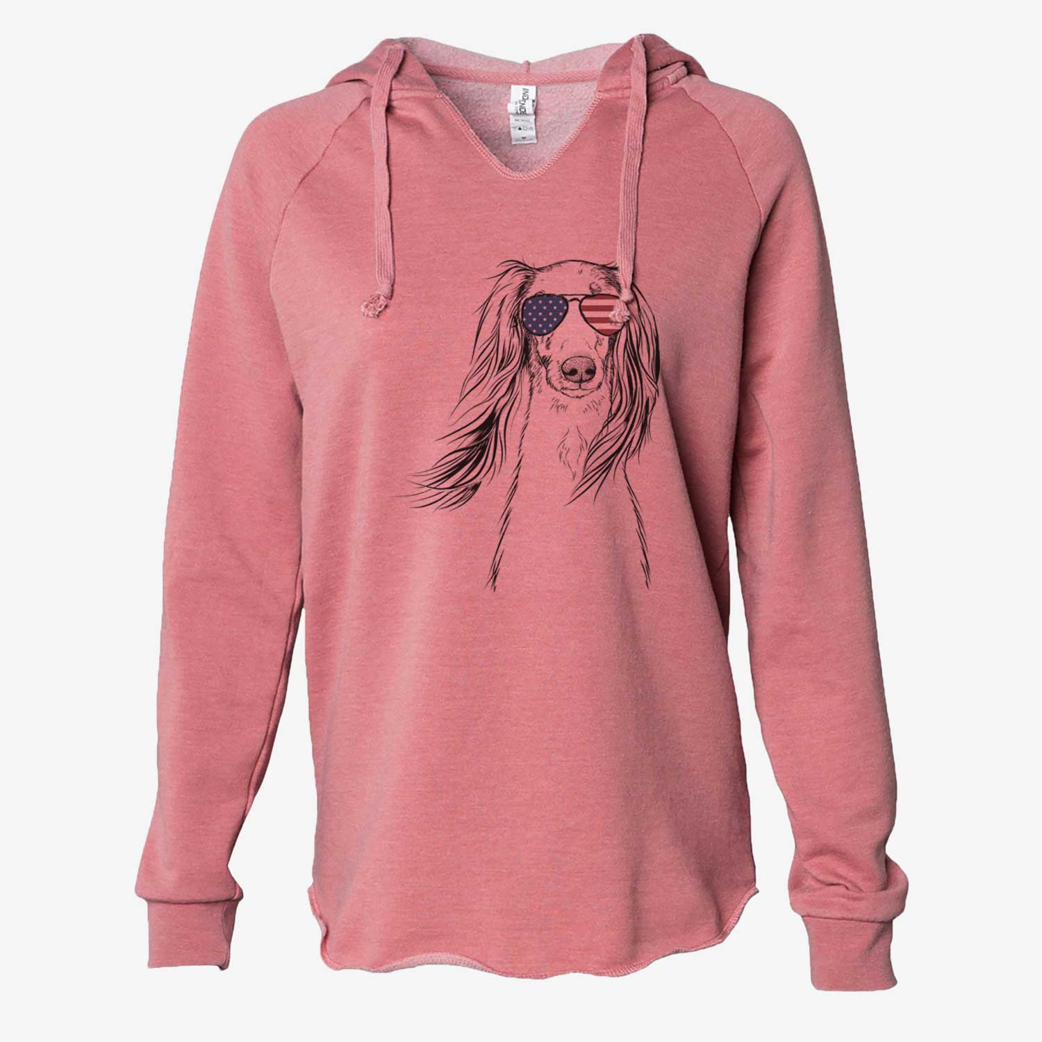 Hand-drawn sketch of Zahra the Saluki wearing American flag sunglasses on a Dusty Rose Cali Wave Hooded Sweatshirt