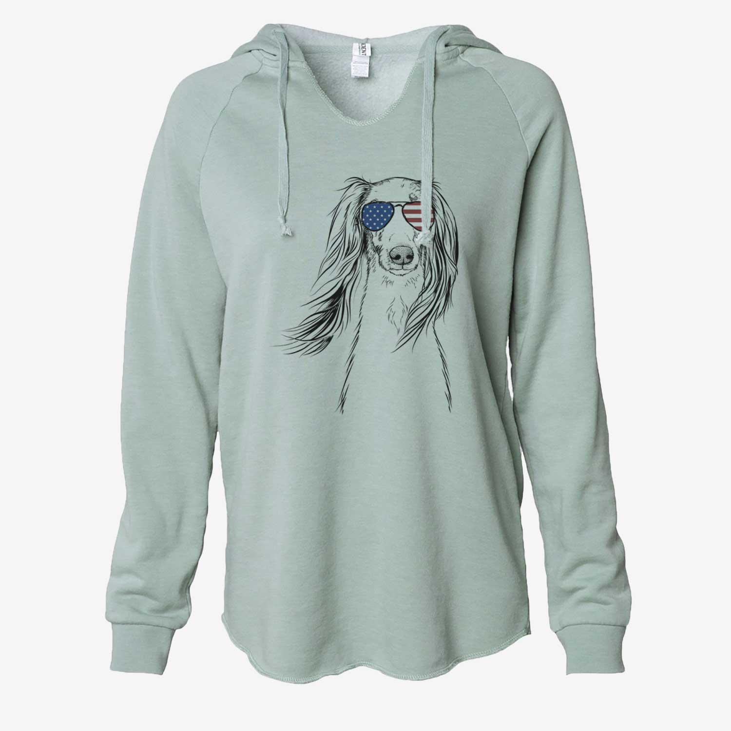 Hand-drawn sketch of Zahra the Saluki wearing American flag sunglasses on a Sage Cali Wave Hooded Sweatshirt