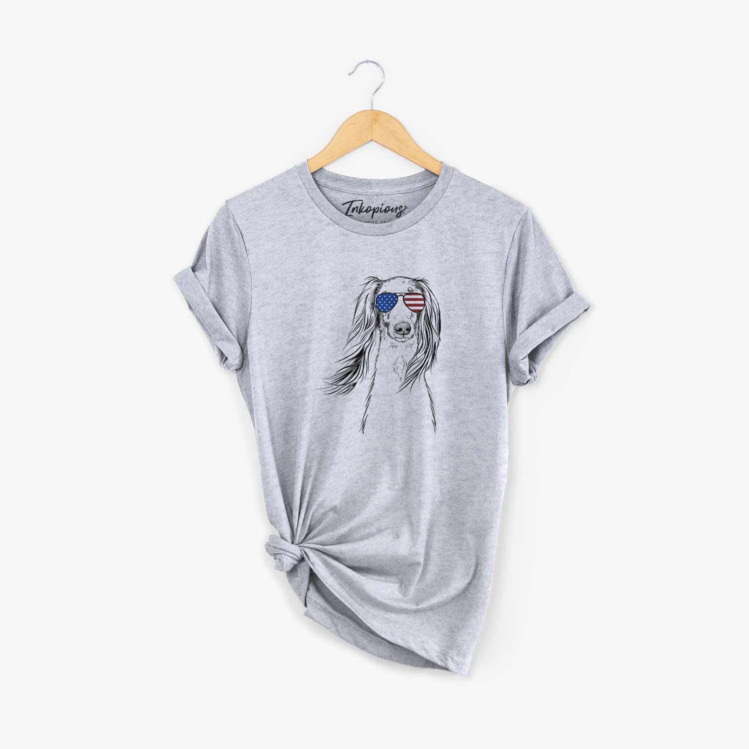 Hand-drawn sketch of Zahra the Saluki wearing American flag sunglasses on a Grey Unisex crewneck
