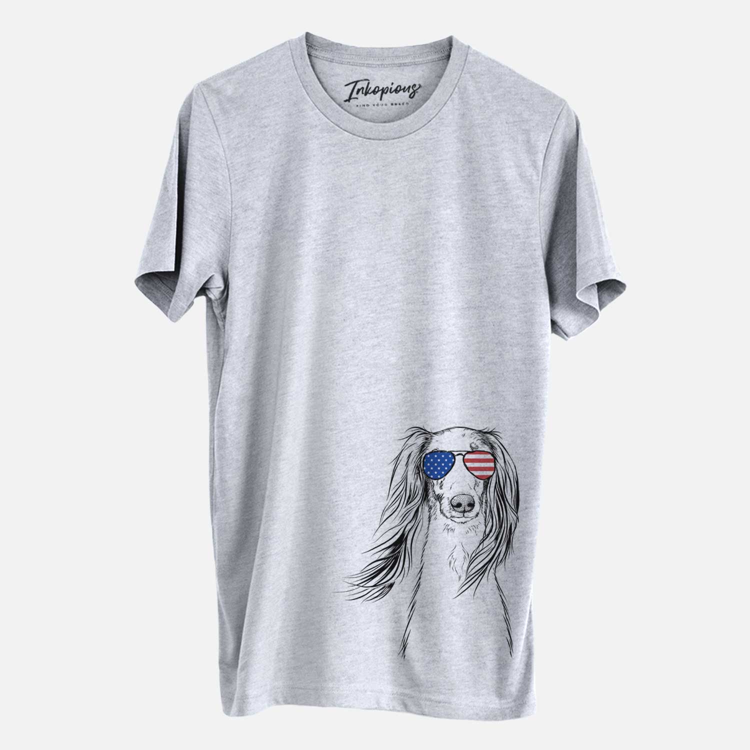 Hand-drawn sketch of Zahra the Saluki wearing American flag sunglasses on a Grey Unisex crewneck