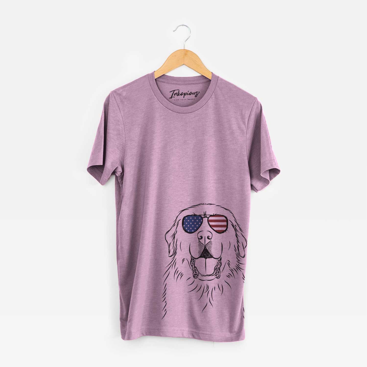 Hand-drawn sketch of Zeus the Great Pyrenees wearing American flag sunglasses on an Orchid Unisex crewneck