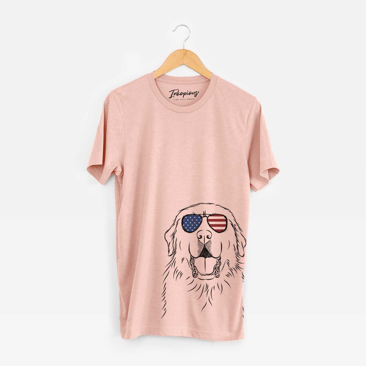 Hand-drawn sketch of Zeus the Great Pyrenees wearing American flag sunglasses on a Peach Unisex crewneck