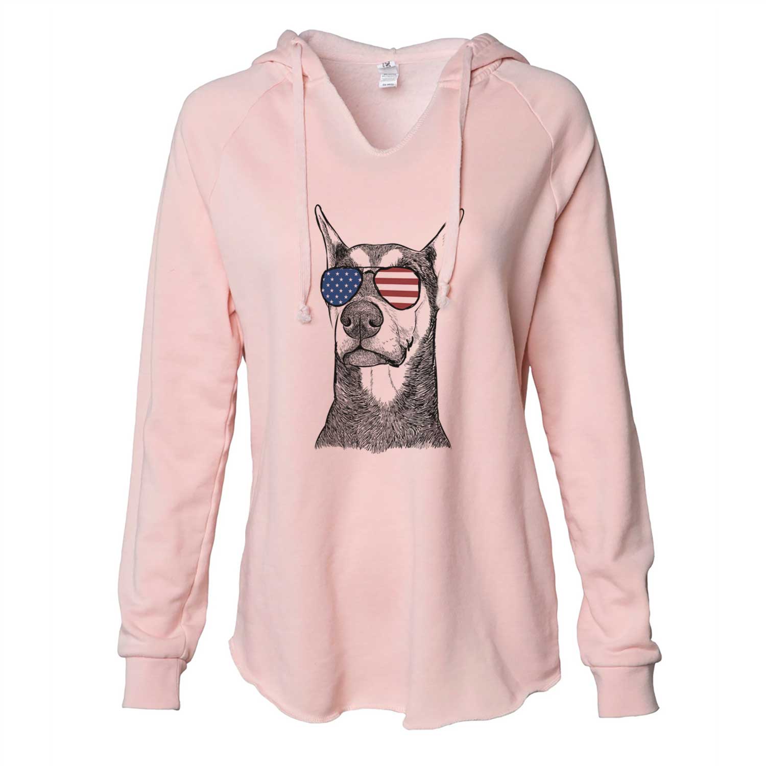 Hand-drawn sketch of Zeus the Doberman Pinscher wearing American flag sunglasses on a Blush Cali Wave Hooded Sweatshirt