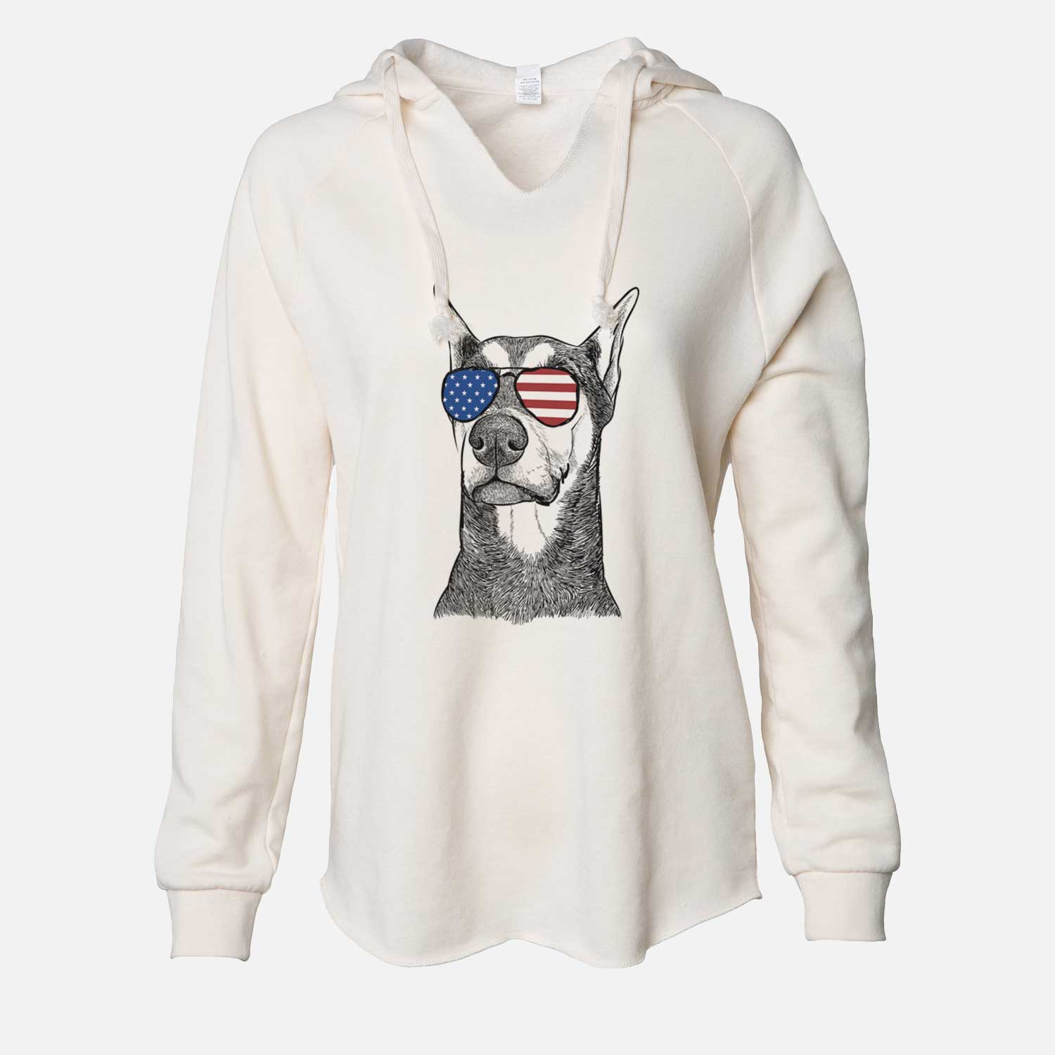 Hand-drawn sketch of Zeus the Doberman Pinscher wearing American flag sunglasses on a Bone Cali Wave Hooded Sweatshirt