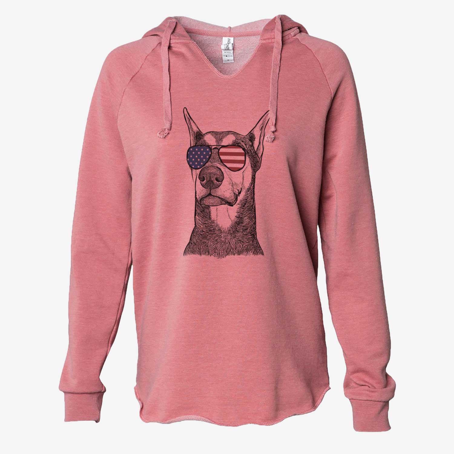 Hand-drawn sketch of Zeus the Doberman Pinscher wearing American flag sunglasses on a Dusty Rose Cali Wave Hooded Sweatshirt