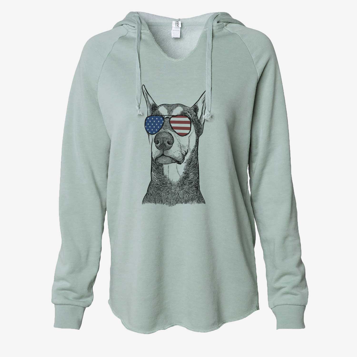 Hand-drawn sketch of Zeus the Doberman Pinscher wearing American flag sunglasses on a Sage Cali Wave Hooded Sweatshirt