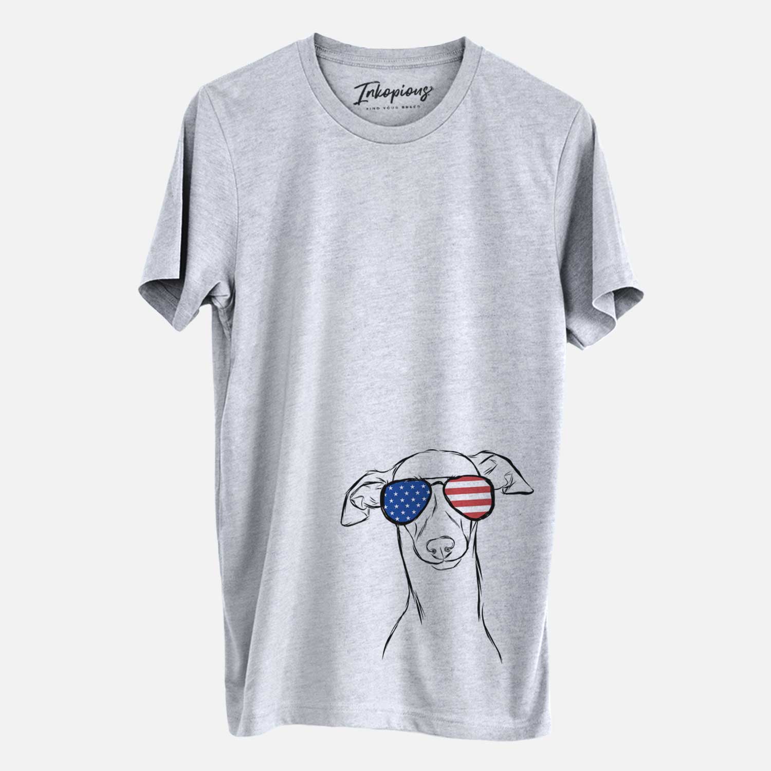 Hand-drawn sketch of Ziggie the Italian Greyhound wearing American flag sunglasses on an Unisex crewneck