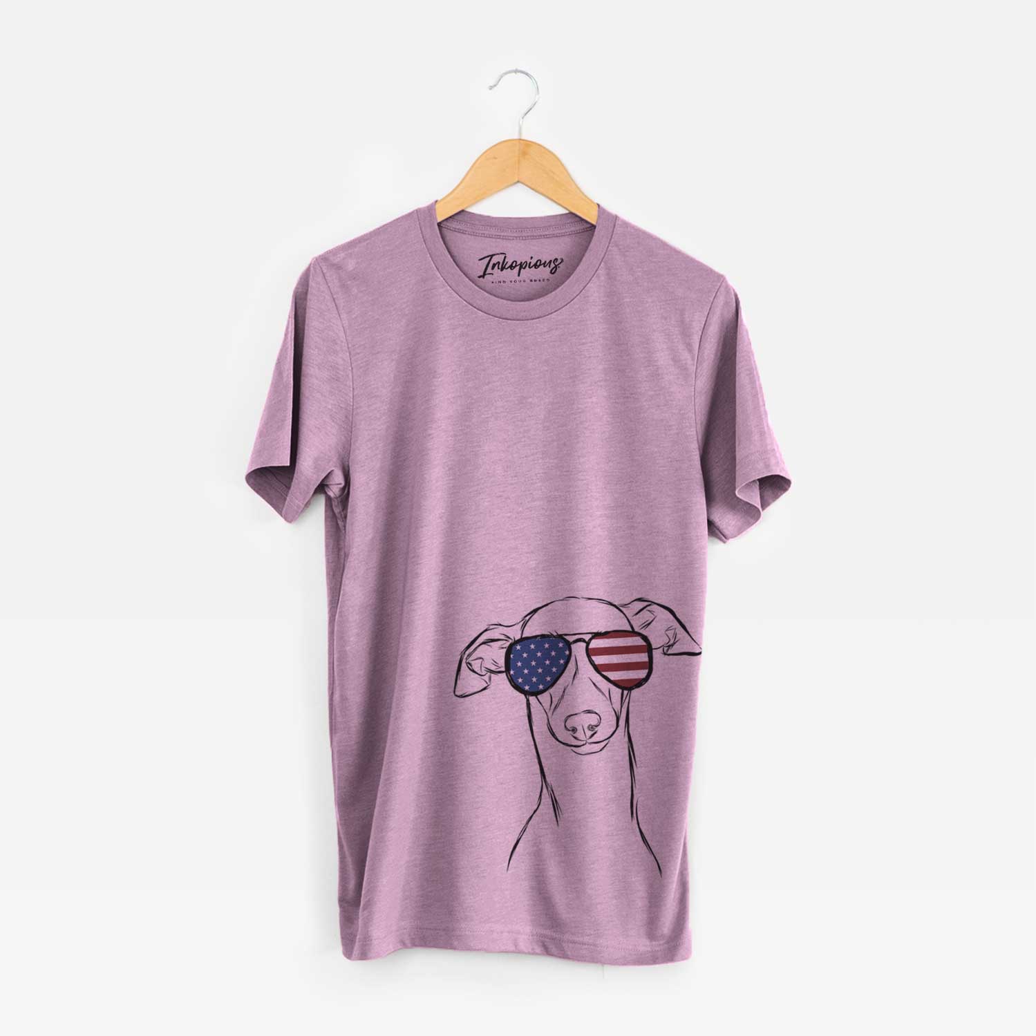 Hand-drawn sketch of Ziggie the Italian Greyhound wearing American flag sunglasses on an Orchid Unisex crewneck