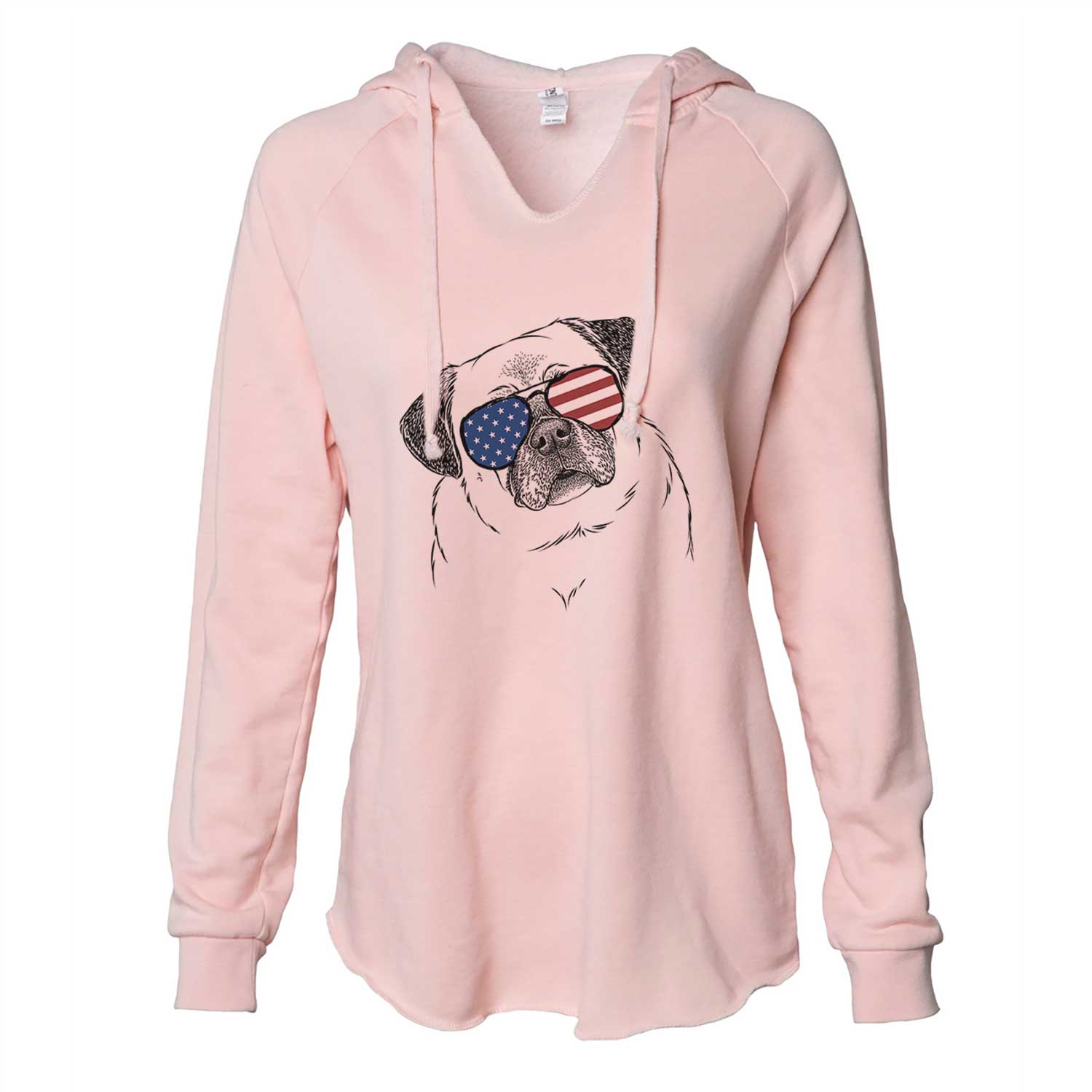 Hand-drawn sketch of Zoey the Pug wearing American flag sunglasses on a Blush Cali Wave Hooded Sweatshirt
