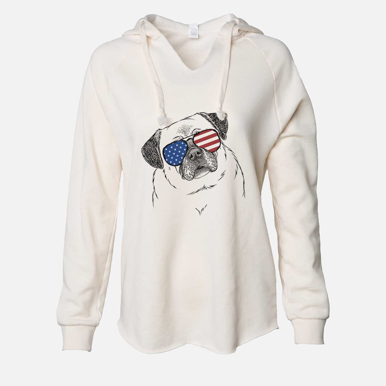 Hand-drawn sketch of Zoey the Pug wearing American flag sunglasses on a Bone Cali Wave Hooded Sweatshirt