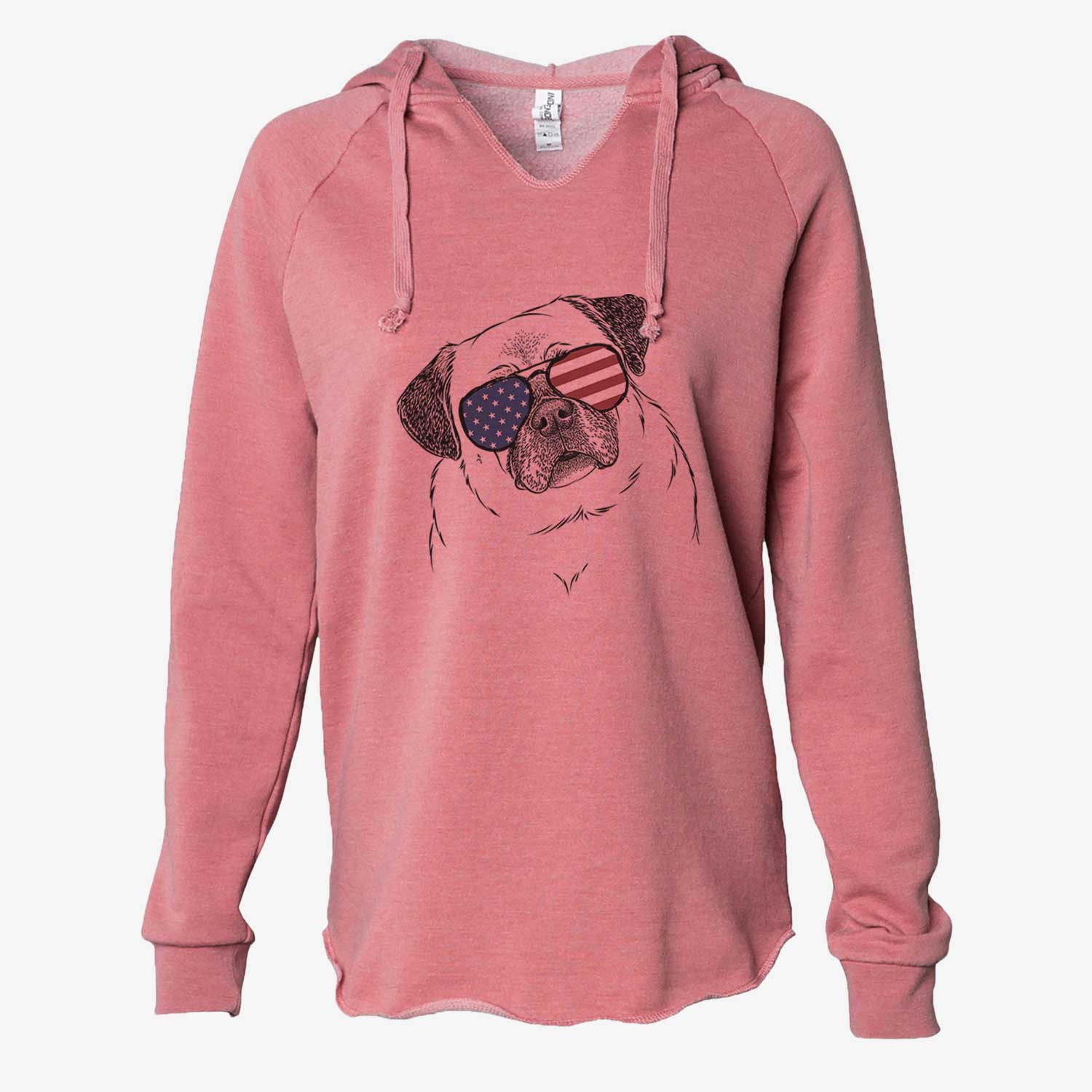 Hand-drawn sketch of Zoey the Pug wearing American flag sunglasses on a Dusty Rose Cali Wave Hooded Sweatshirt