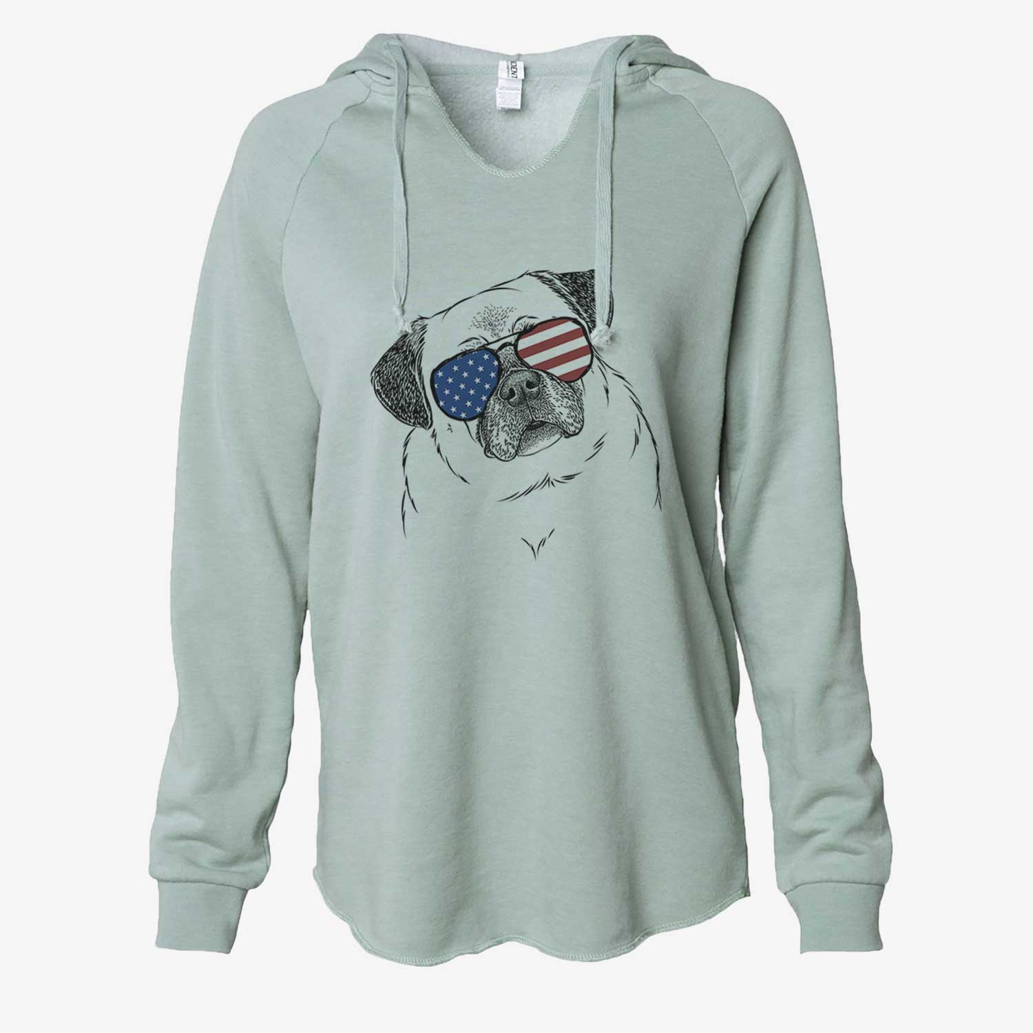 Hand-drawn sketch of Zoey the Pug wearing American flag sunglasses on a Sage Cali Wave Hooded Sweatshirt