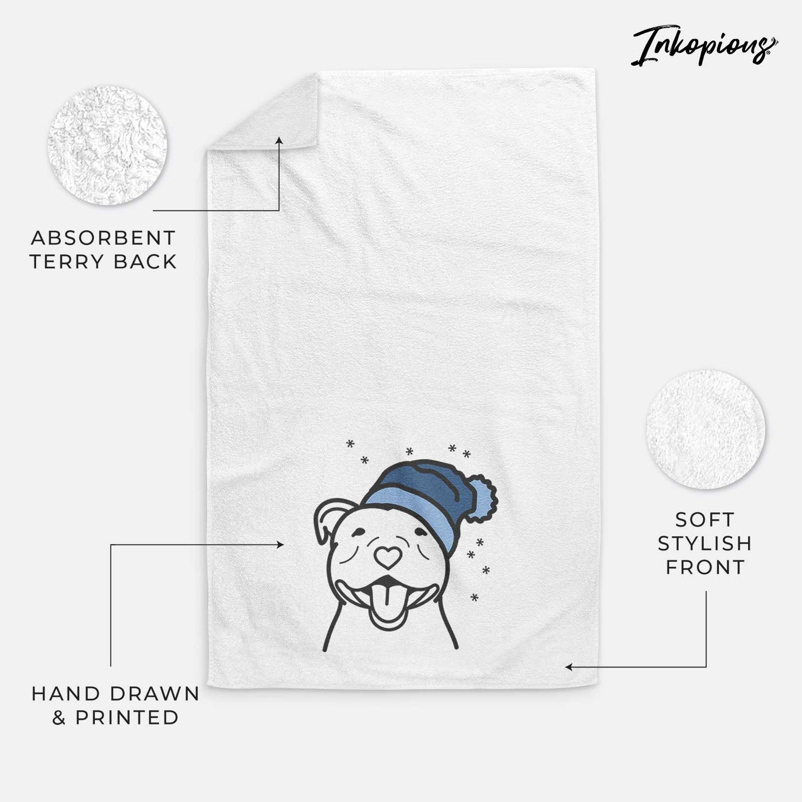 Minimalist line drawing of a Happy American Staffordshire Terrier wearing a winter beanie on a decorative hand towel