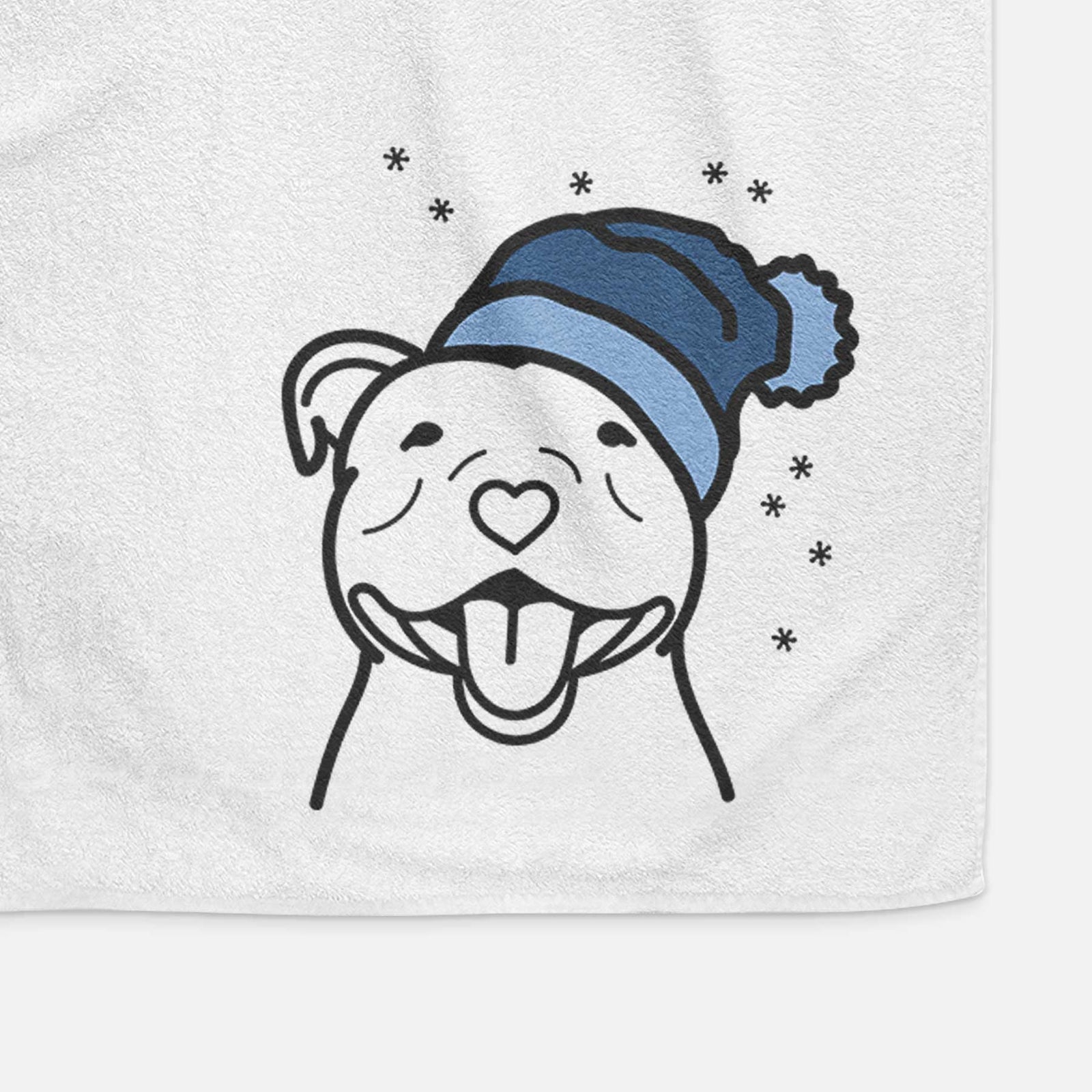 Minimalist line drawing of a Happy American Staffordshire Terrier wearing a winter beanie on a decorative hand towel
