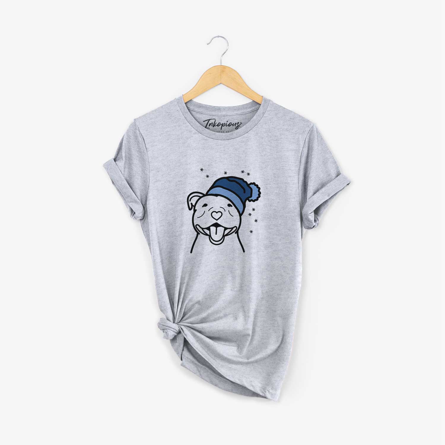 Minimalist line drawing of a Happy American Staffordshire Terrier wearing a winter beanie on a Grey Unisex crewneck