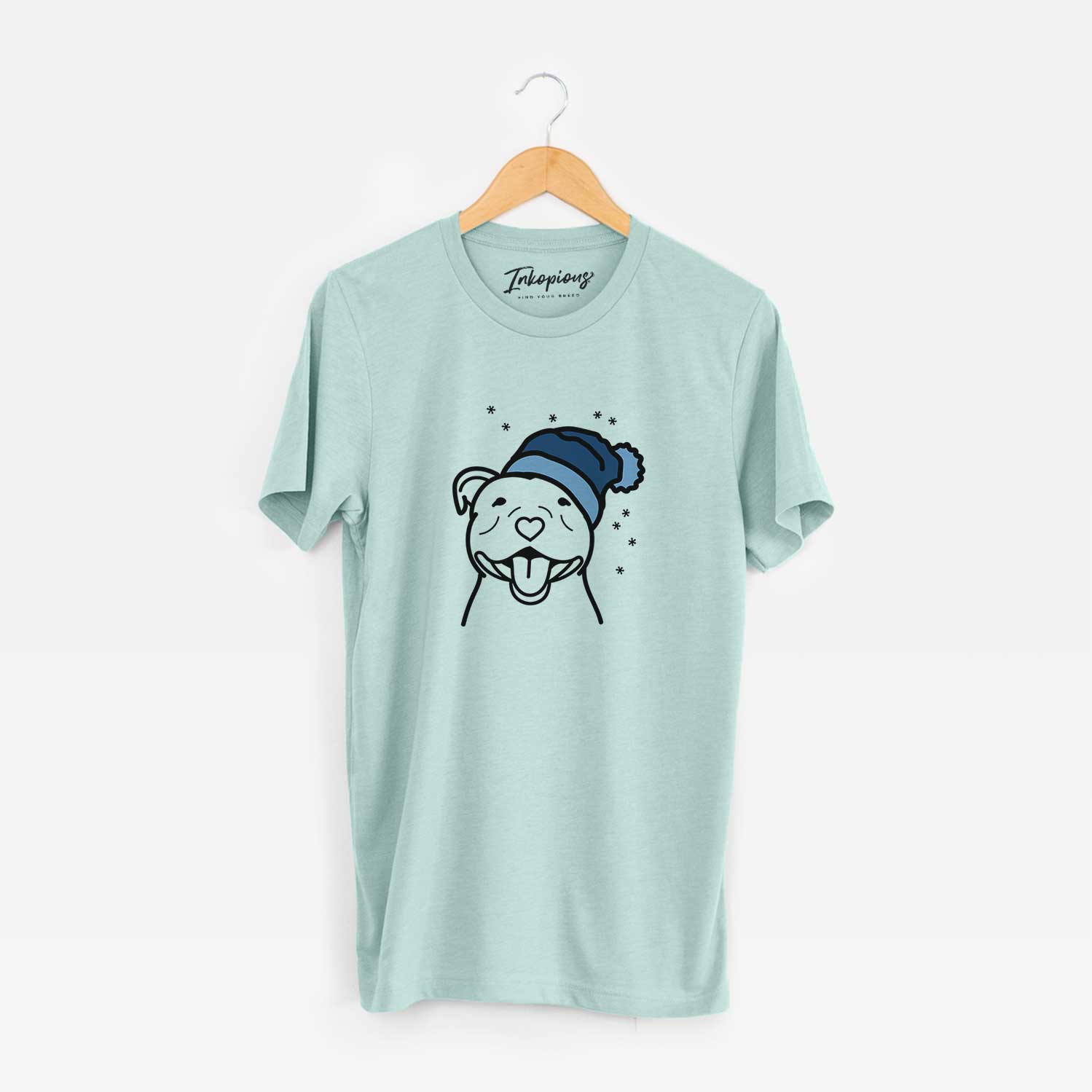 Minimalist line drawing of a Happy American Staffordshire Terrier wearing a winter beanie on a Heather Sage Unisex crewneck