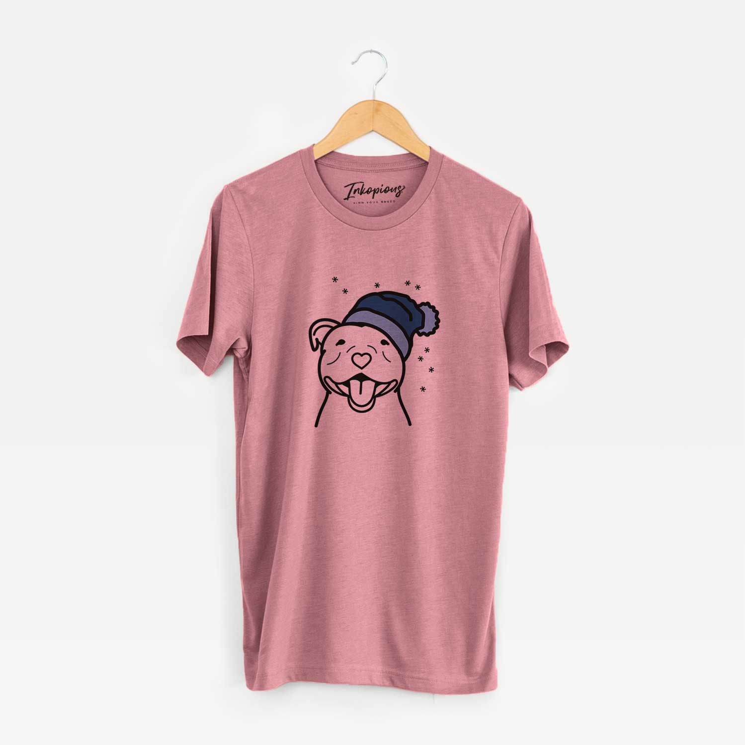Minimalist line drawing of a Happy American Staffordshire Terrier wearing a winter beanie on a Mauve Unisex crewneck
