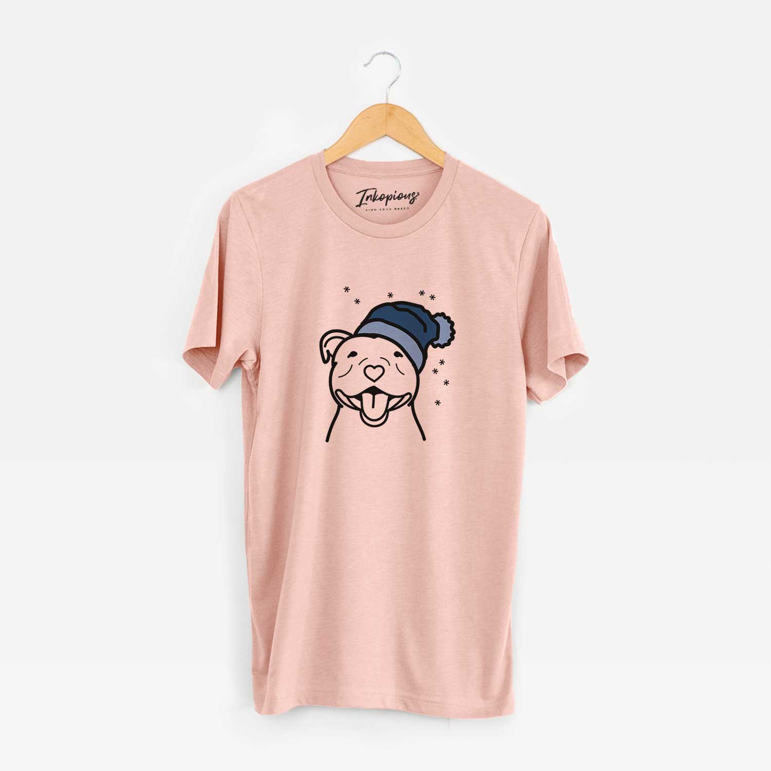 Minimalist line drawing of a Happy American Staffordshire Terrier wearing a winter beanie on a Peach Unisex crewneck