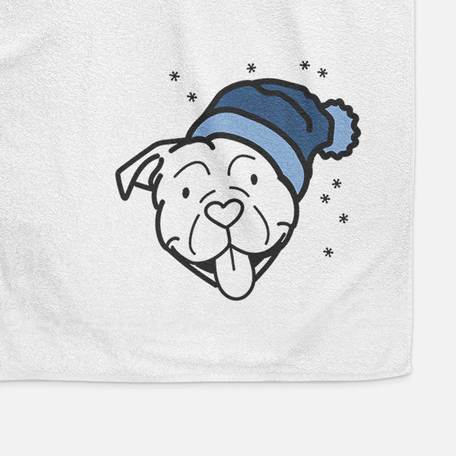 Minimalist line drawing of an American Bulldog wearing a winter beanie on a decorative hand towel