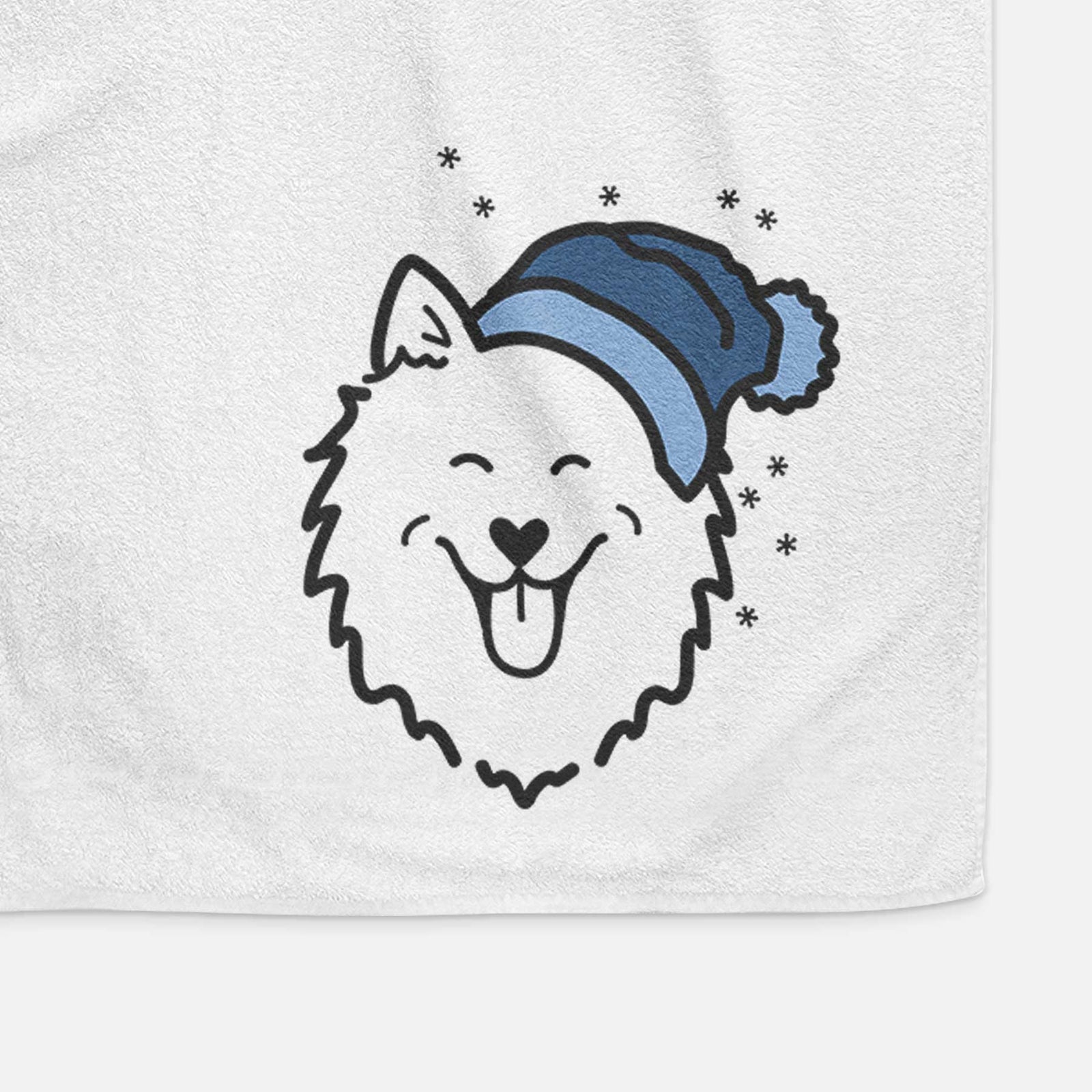 Minimalist line drawing of an American Eskimo wearing a winter beanie on a decorative hand towel