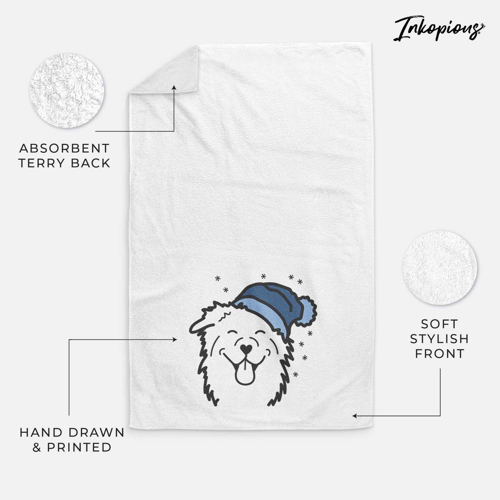 Minimalist line drawing of an Australian Shepherd wearing a winter beanie on a decorative hand towel