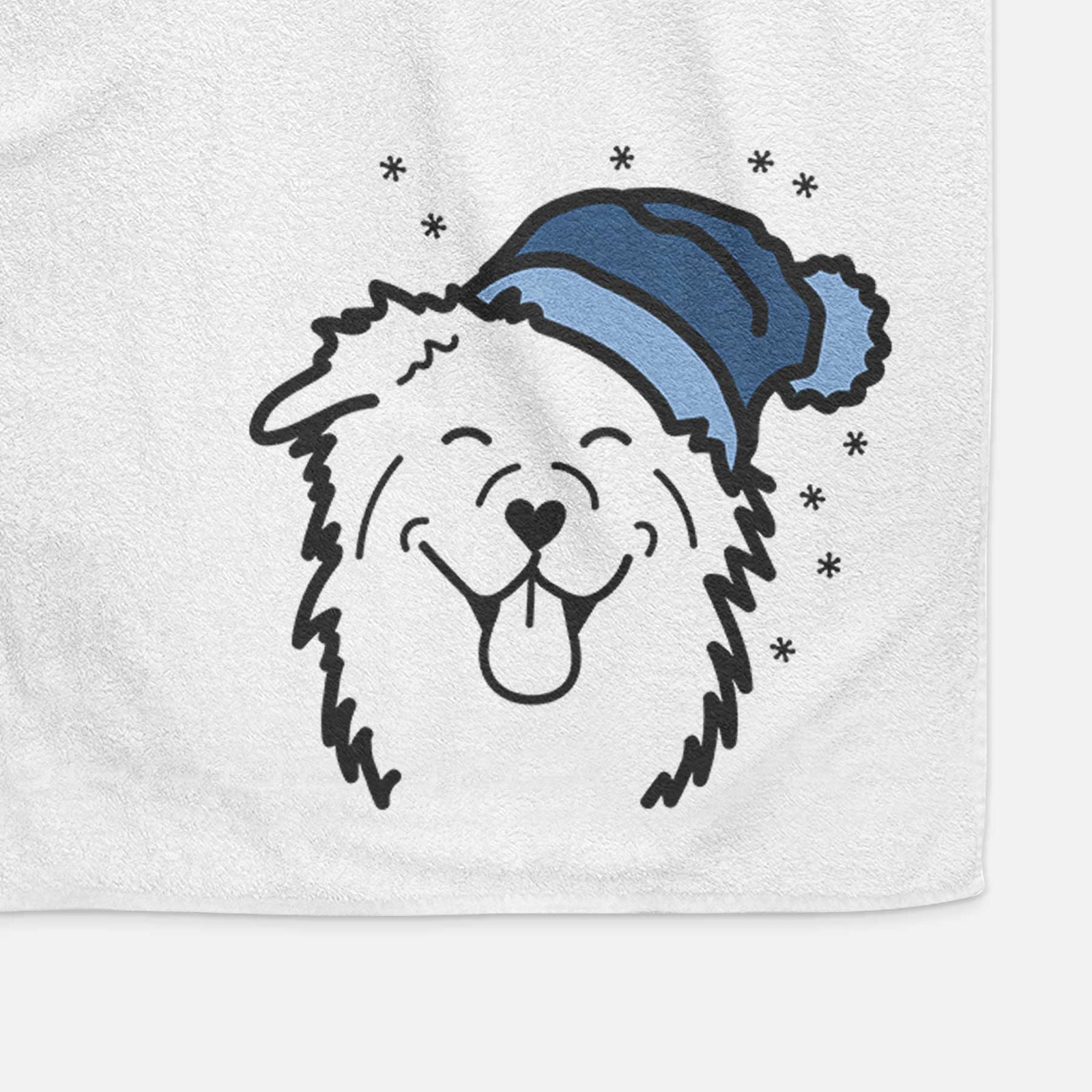 Minimalist line drawing of an Australian Shepherd wearing a winter beanie on a decorative hand towel