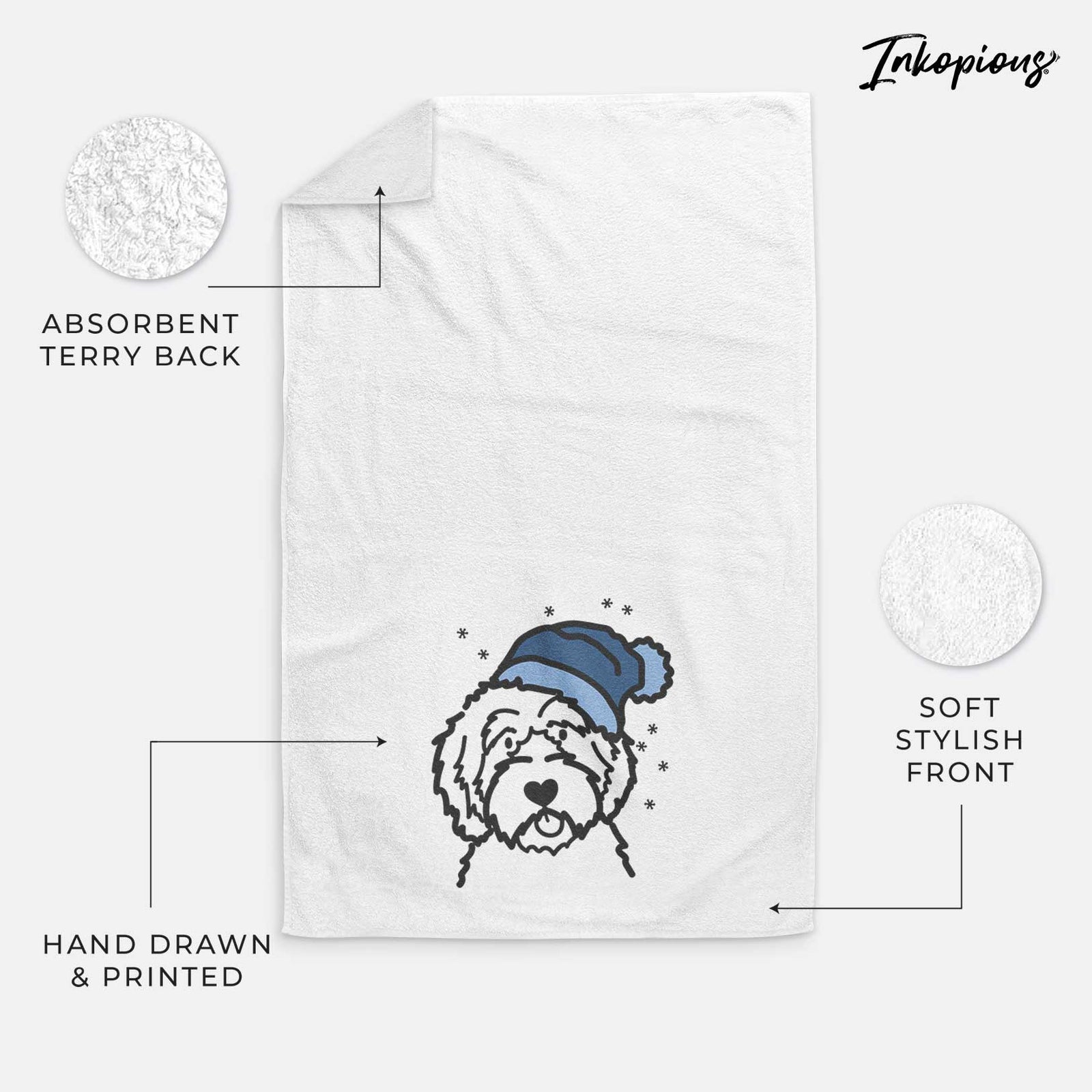 Minimalist line drawing of an Aussiedoodle wearing a winter beanie on a decorative hand towel