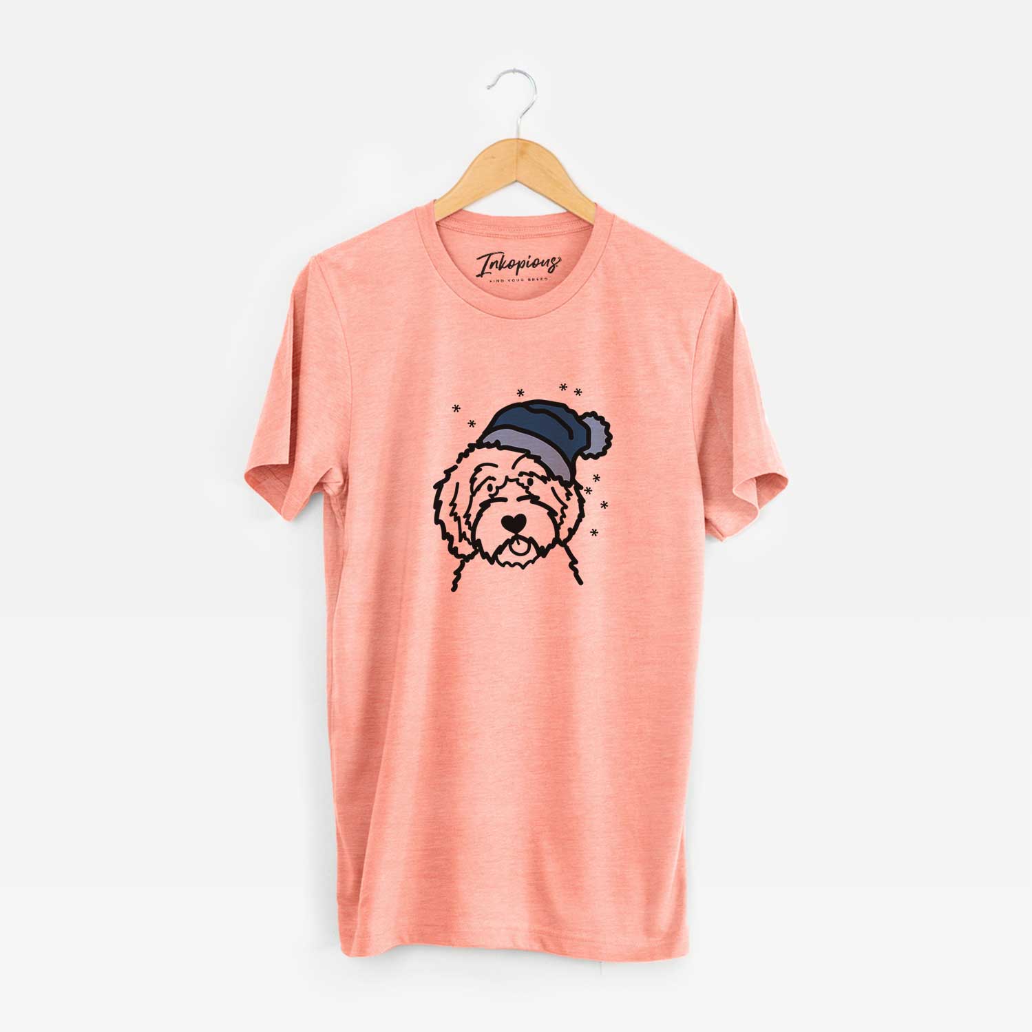 Minimalist line drawing of an Aussiedoodle wearing a winter beanie on a Sunset Unisex crewneck