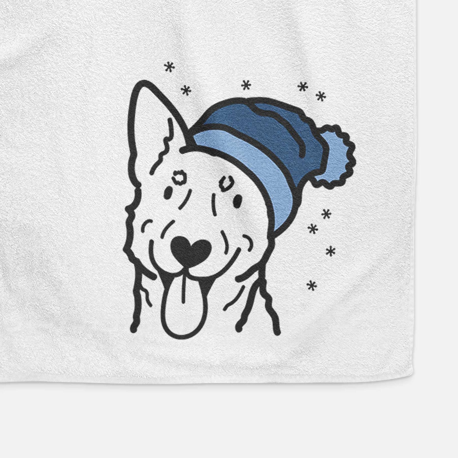 Minimalist line drawing of an Australian Cattle Dog wearing a winter beanie on a decorative hand towel