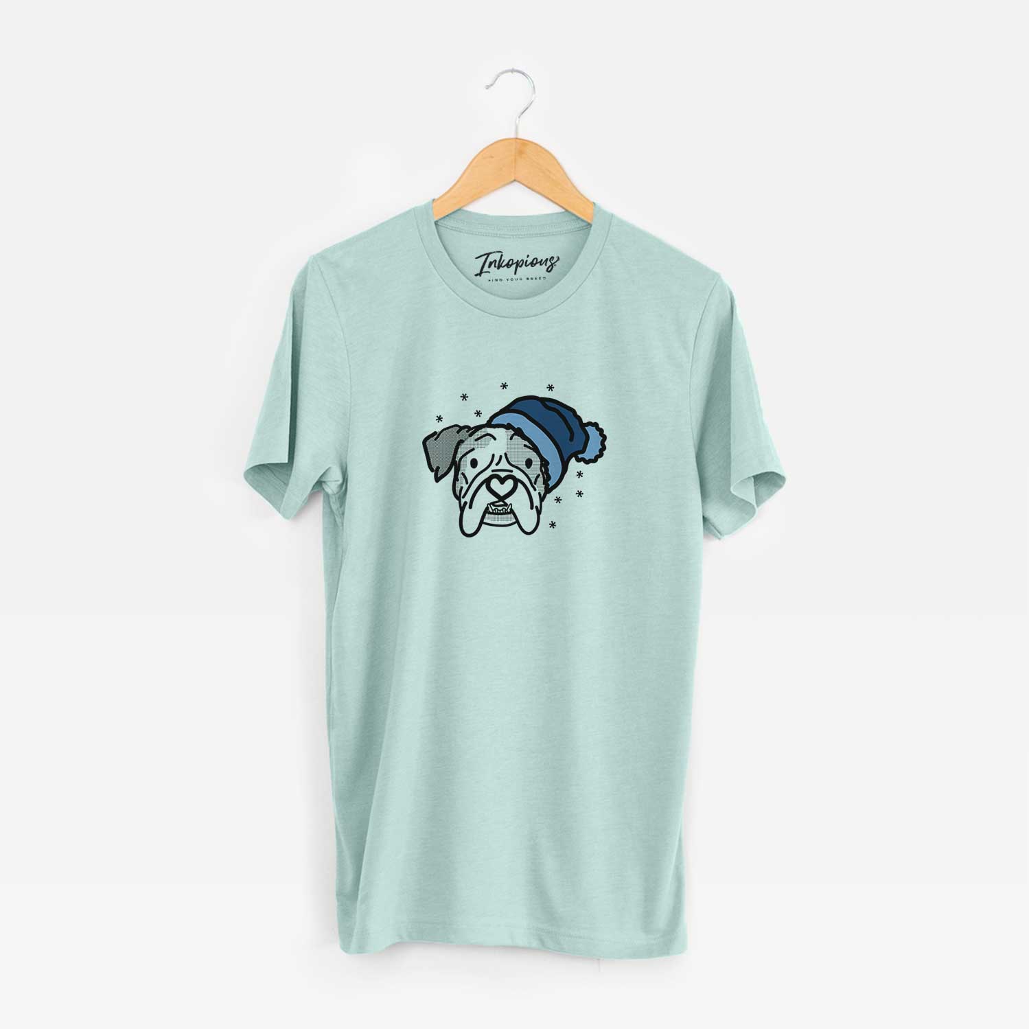 Minimalist line drawing of Bailey the English Bulldog wearing a winter beanie on a Heather Sage Unisex crewneck