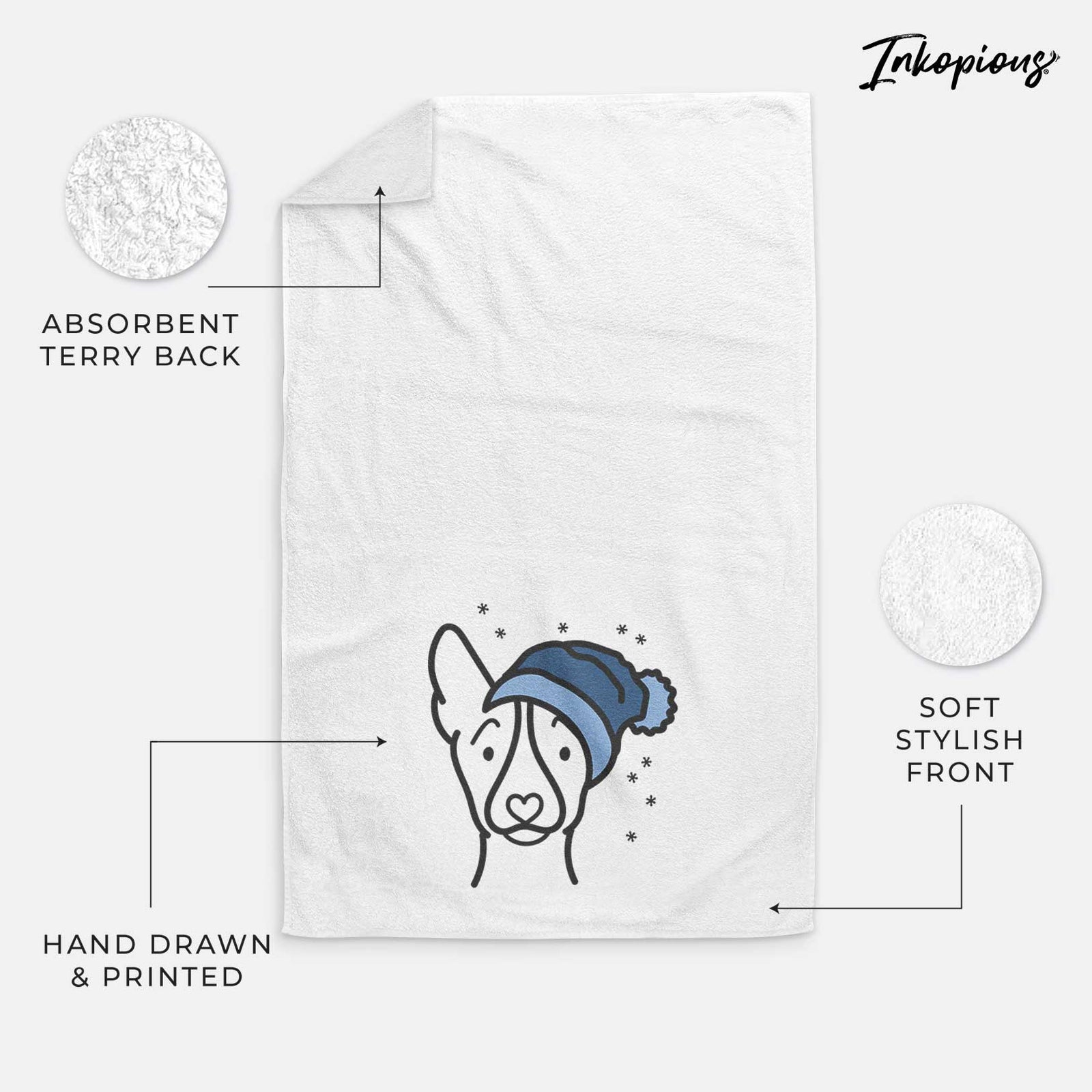 Minimalist line drawing of a Basenji wearing a winter beanie on a decorative hand towel