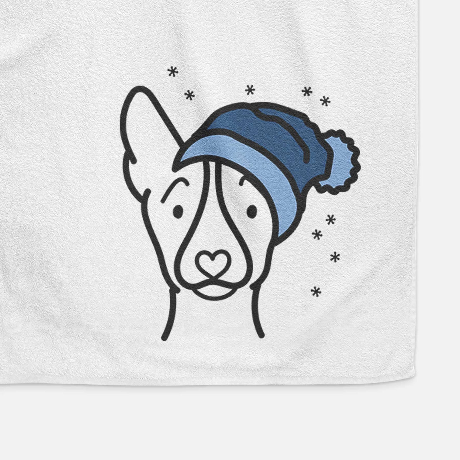 Minimalist line drawing of a Basenji wearing a winter beanie on a decorative hand towel