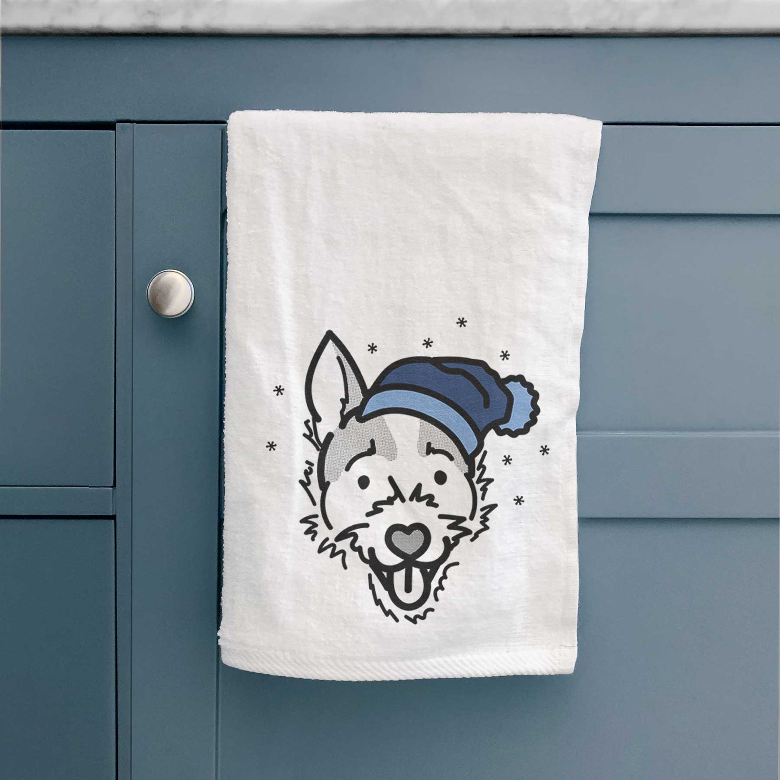 Minimalist line drawing of Baxter the Jack Russell Terrier wearing a winter beanie on a decorative hand towel