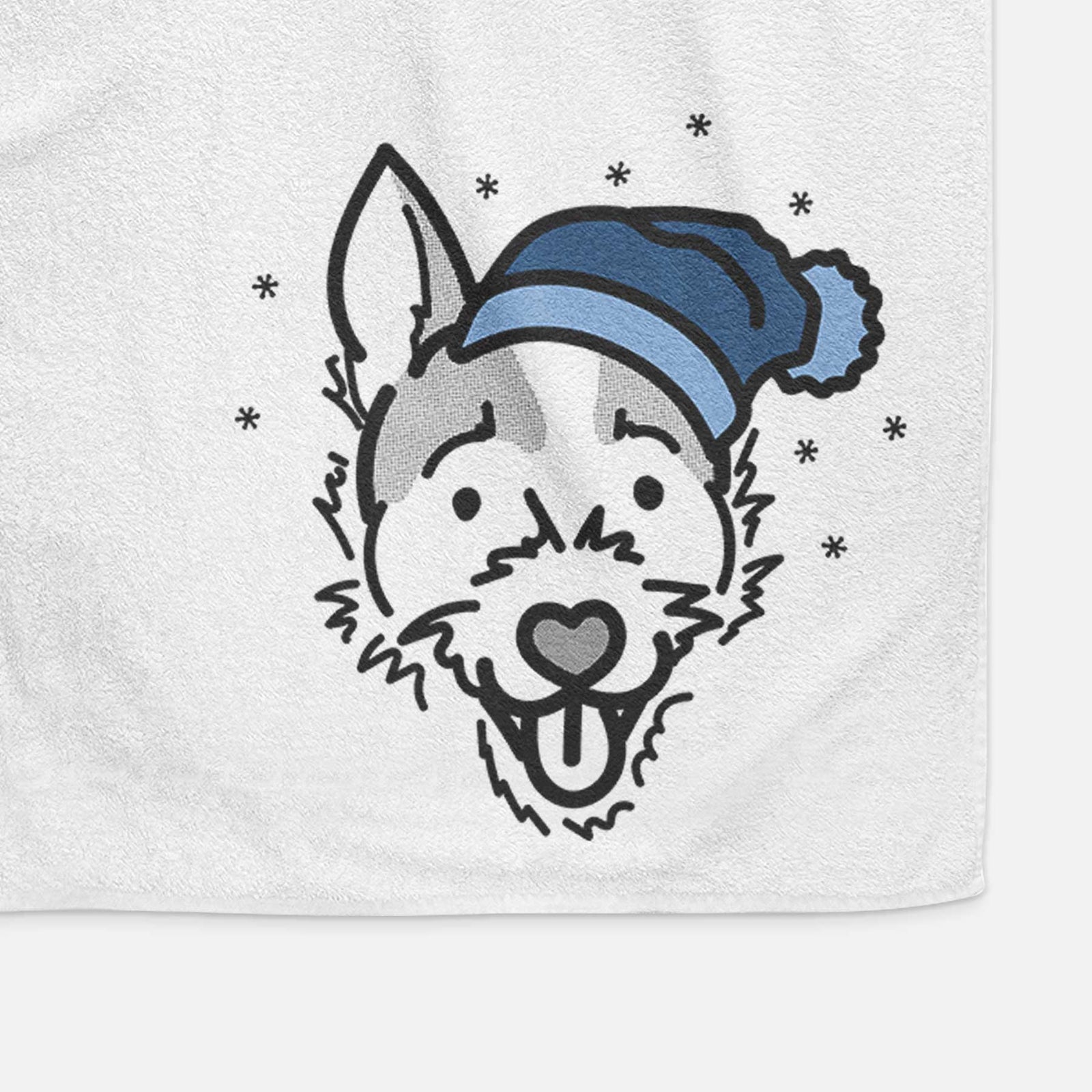 Minimalist line drawing of Baxter the Jack Russell Terrier wearing a winter beanie on a decorative hand towel