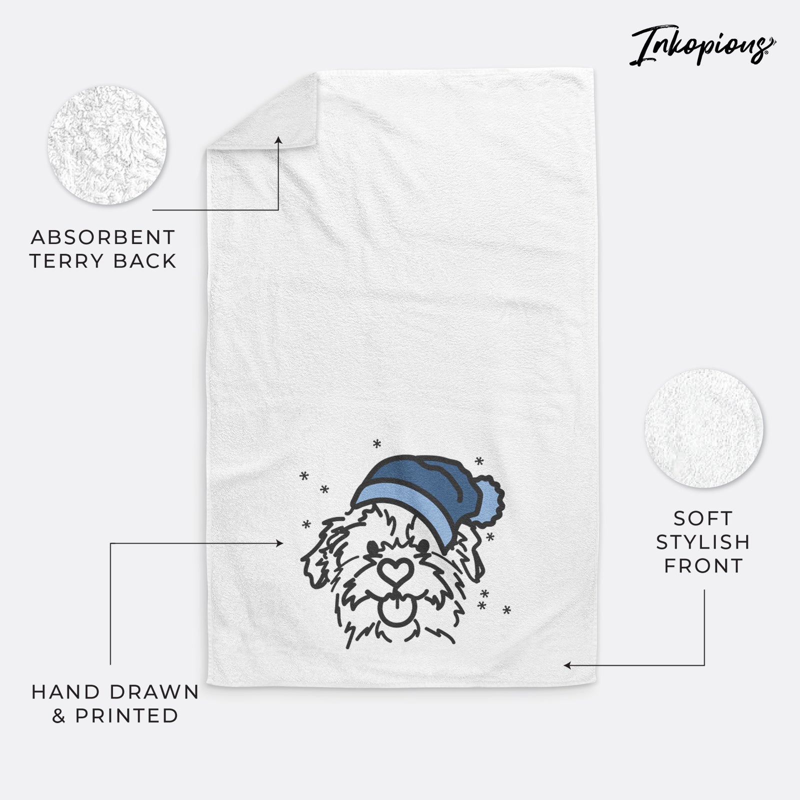 Minimalist line drawing of Bea the Mixed Breed wearing a winter beanie on a decorative hand towel
