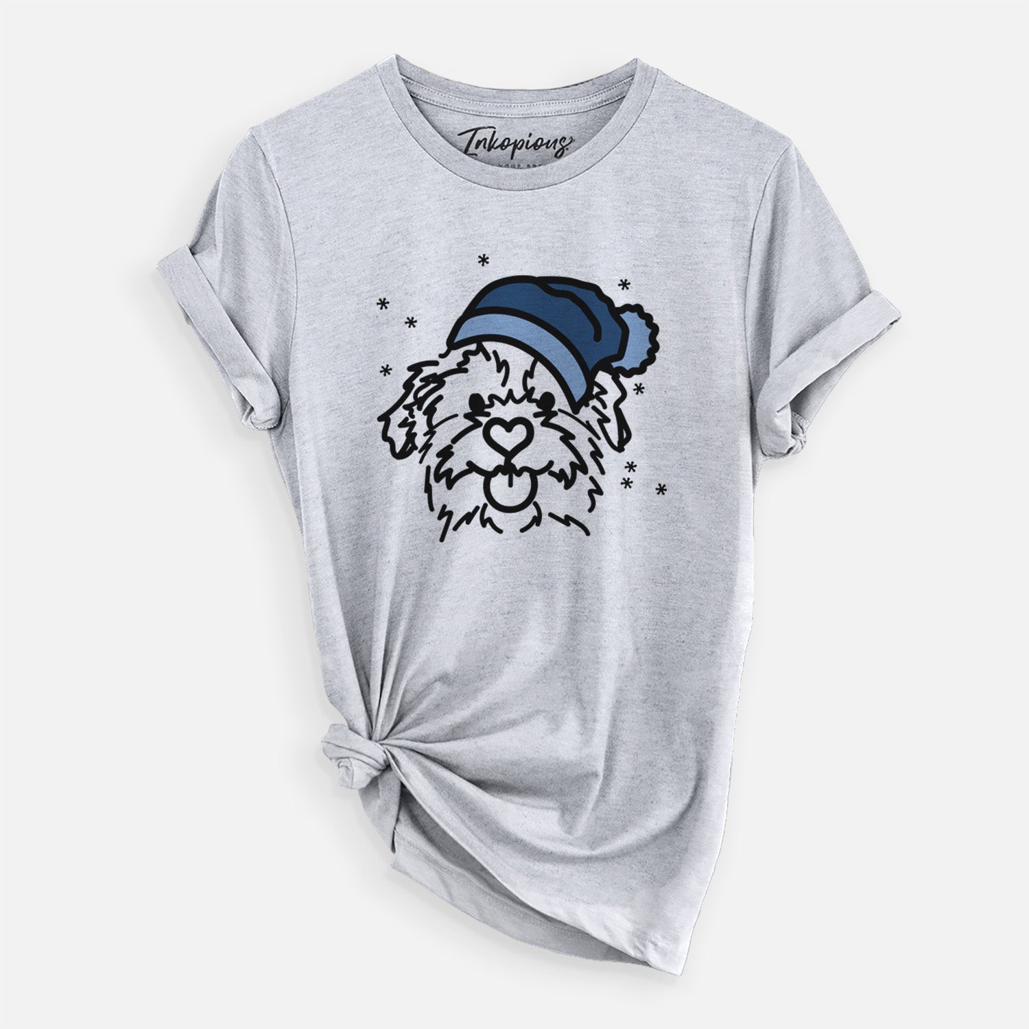 Minimalist line drawing of Bea the Mixed Breed wearing a winter beanie on a Grey Unisex crewneck