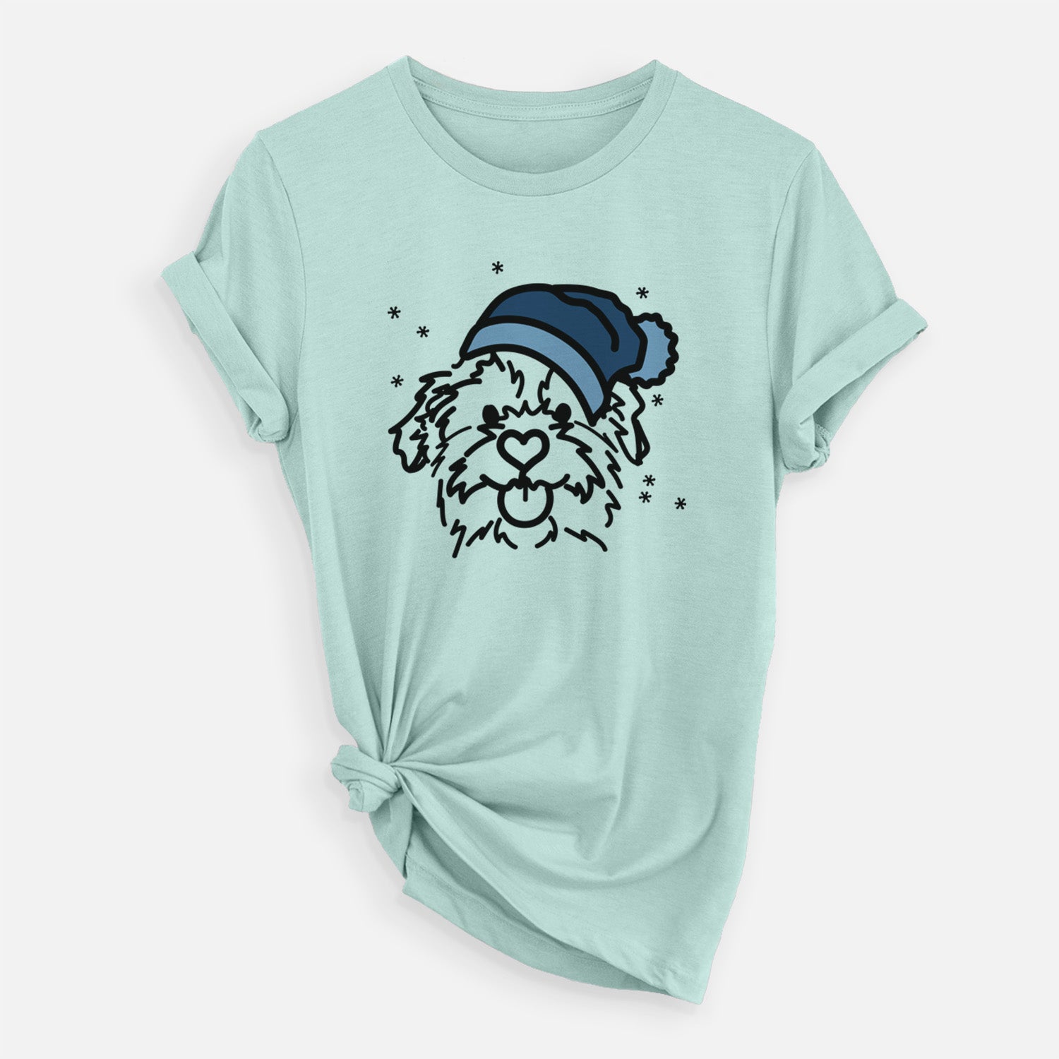 Minimalist line drawing of Bea the Mixed Breed wearing a winter beanie on a Heather Sage Unisex crewneck
