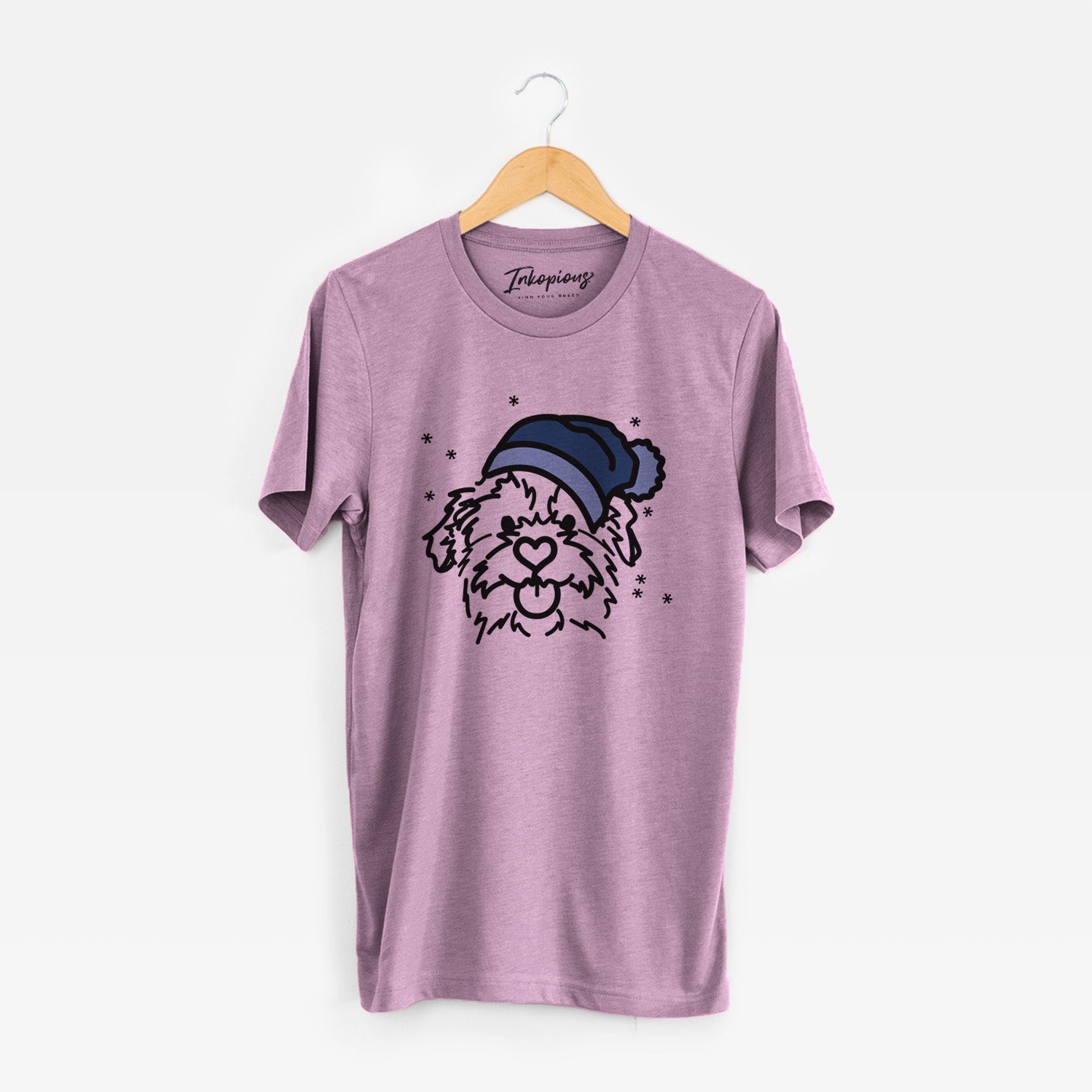 Minimalist line drawing of Bea the Mixed Breed wearing a winter beanie on an Orchid Unisex crewneck