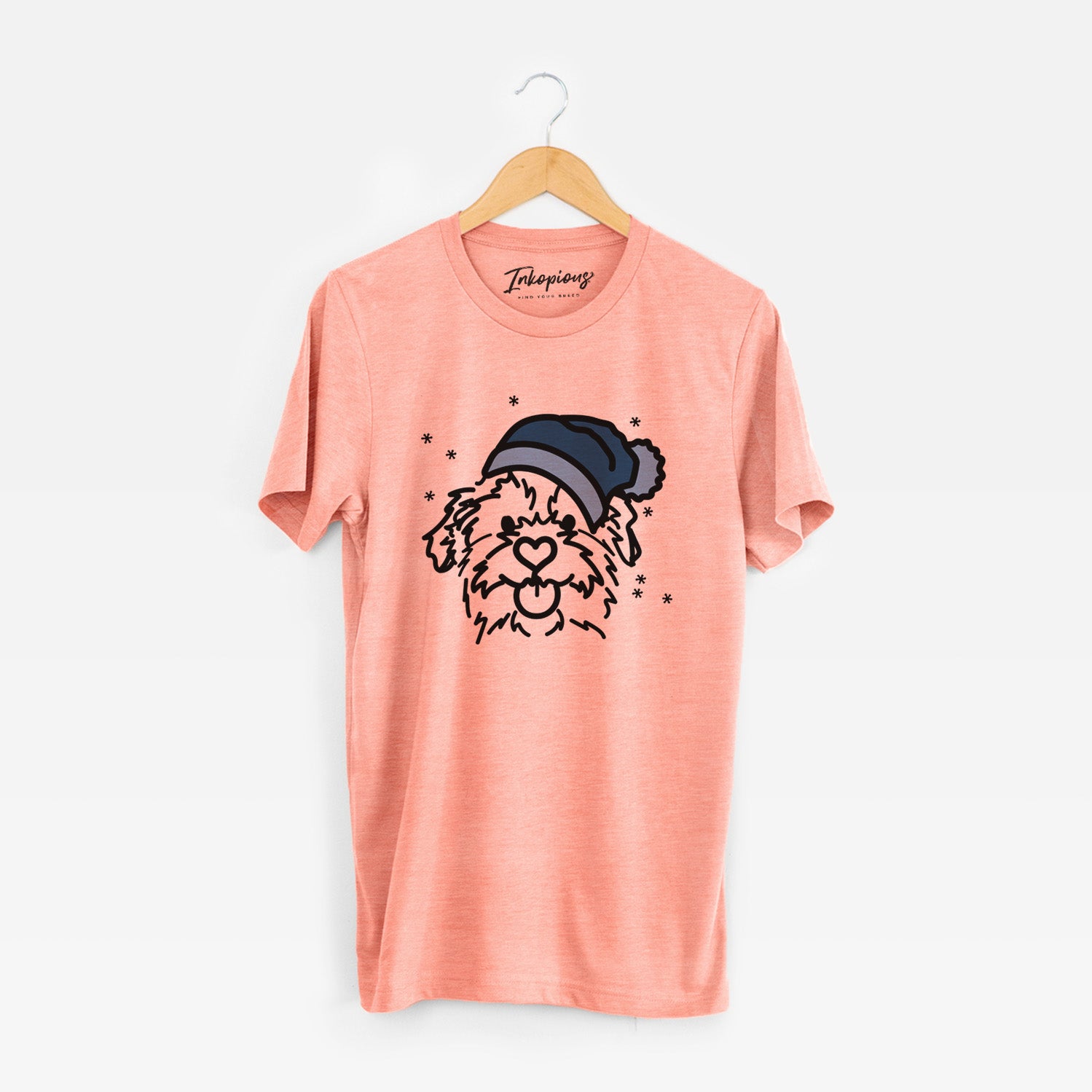 Minimalist line drawing of Bea the Mixed Breed wearing a winter beanie on a Sunset Unisex crewneck