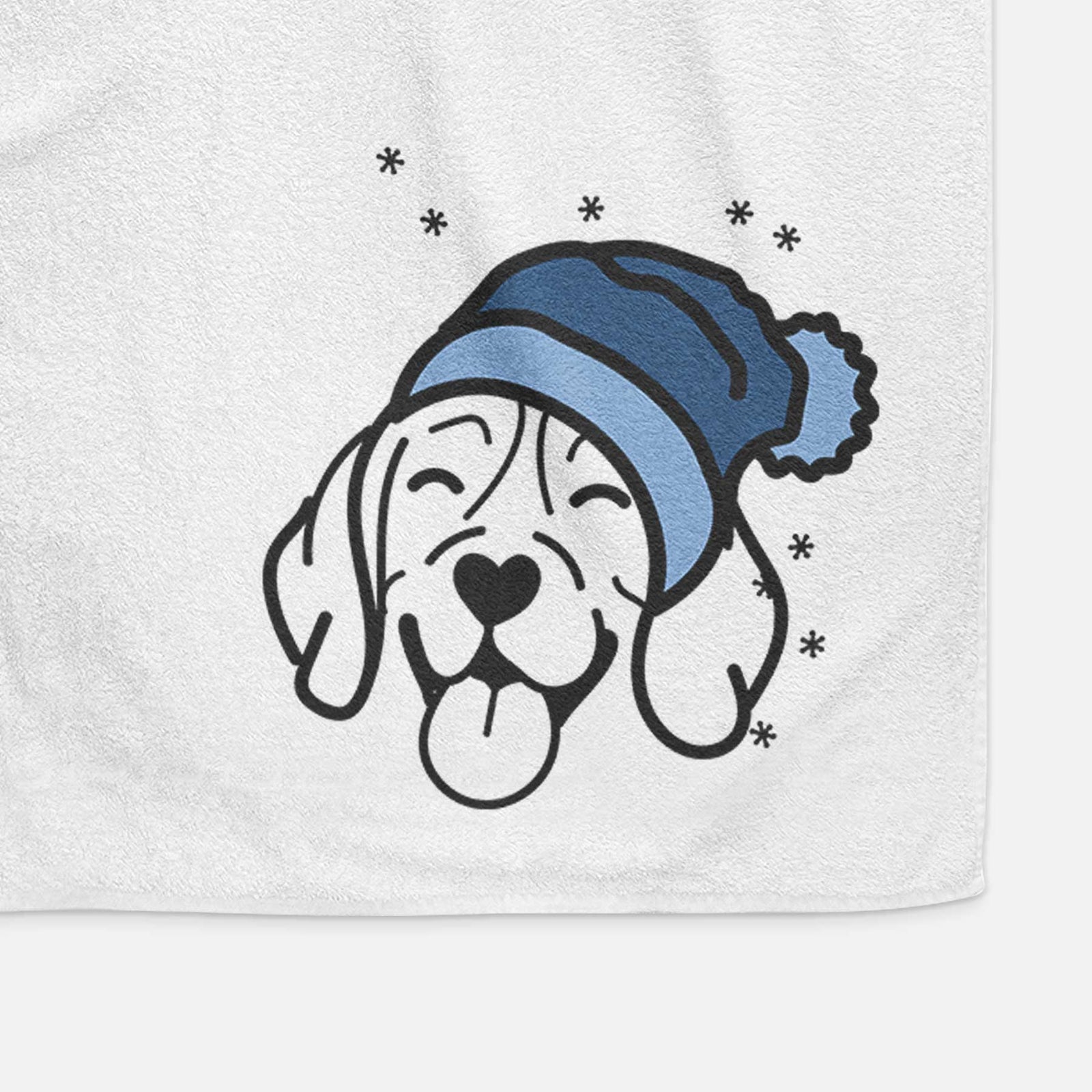 Minimalist line drawing of a Beagle wearing a winter beanie on a decorative hand towel
