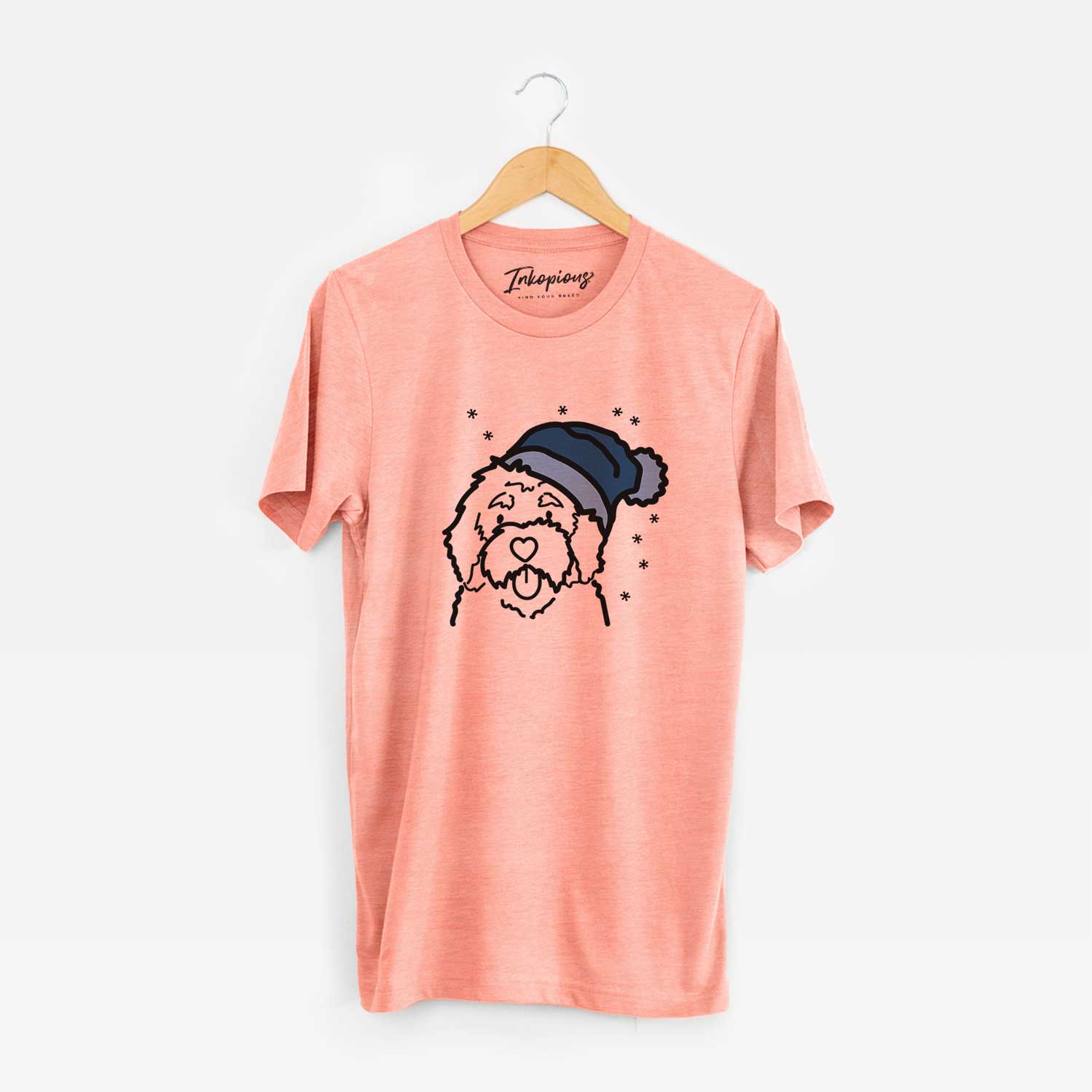 Minimalist line drawing of a Bernedoodle wearing a winter beanie on a Sunset Unisex crewneck