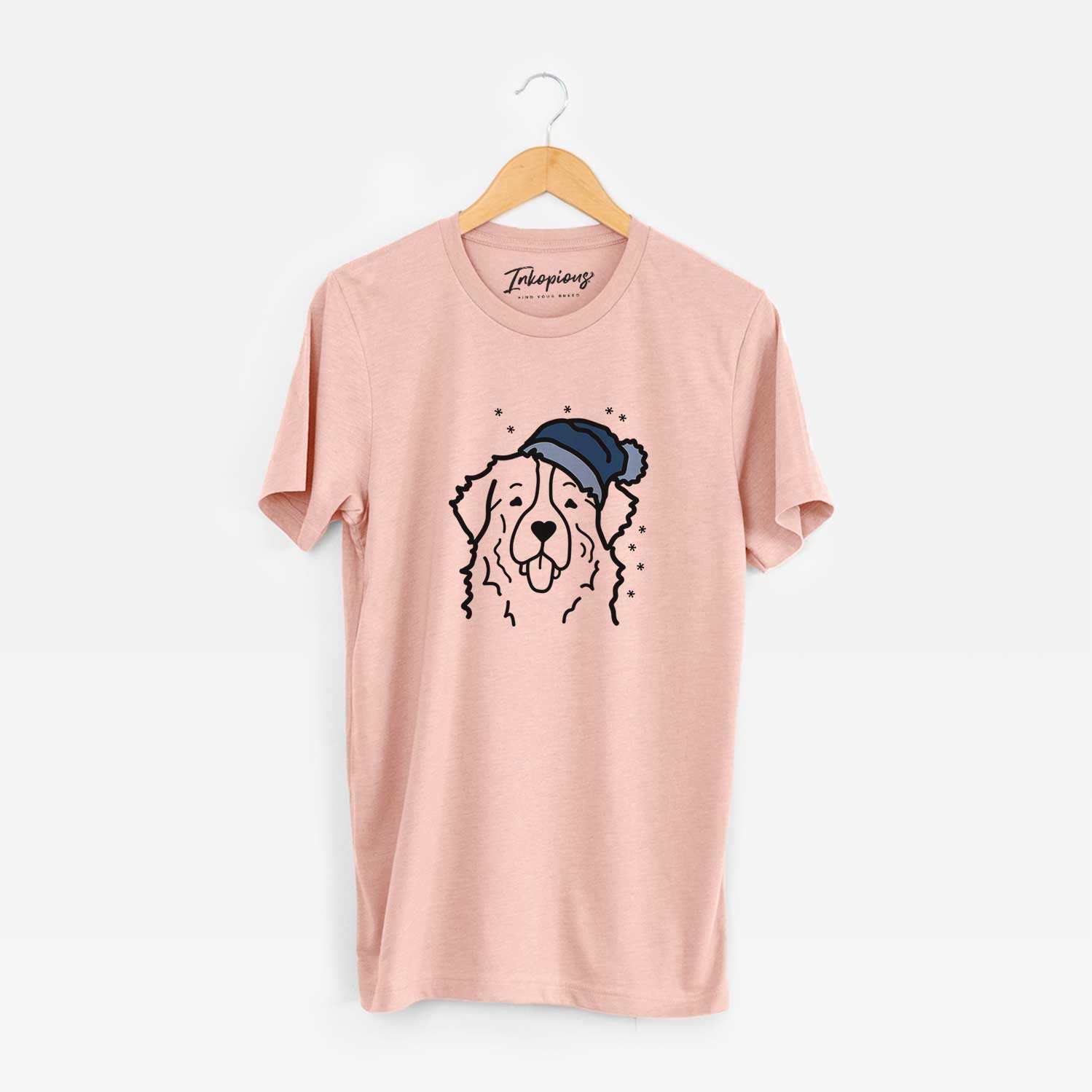 Minimalist line drawing of a Bernese Mountain Dog wearing a winter beanie on a Peach Unisex crewneck