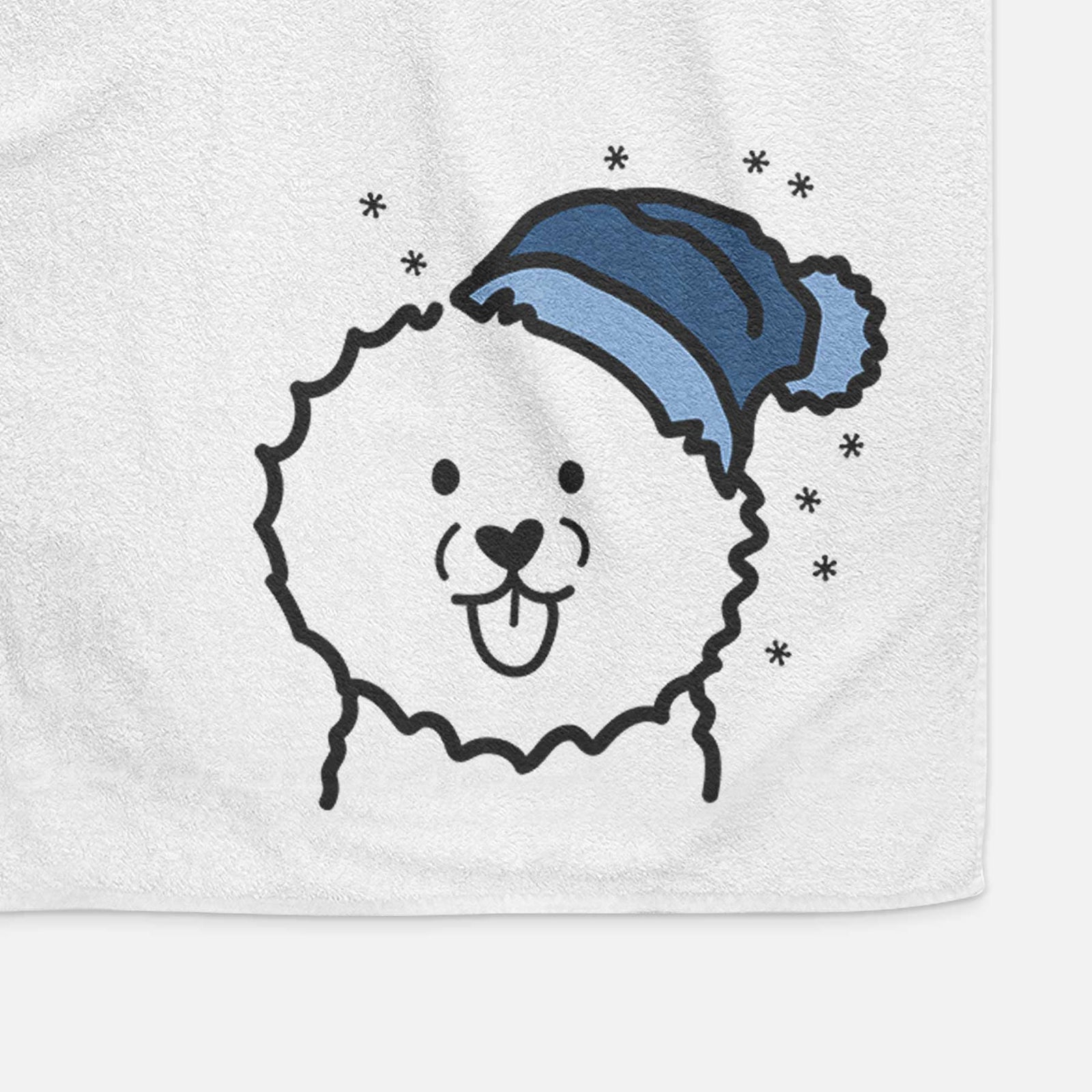 Minimalist line drawing of a Bichon Frise wearing a winter beanie on a decorative hand towel
