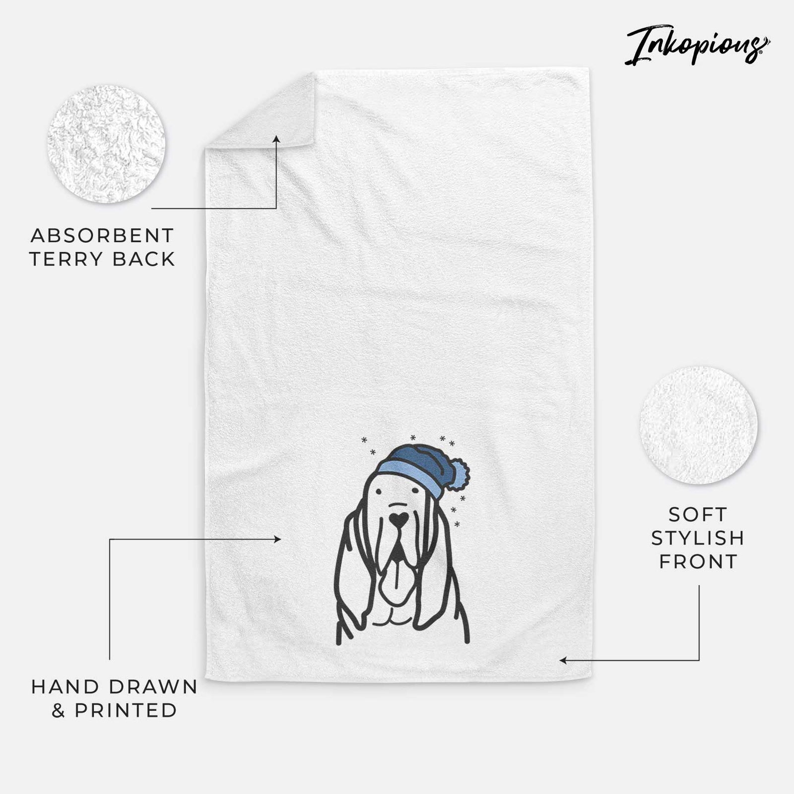 Minimalist line drawing of a Bloodhound wearing a winter beanie on a decorative hand towel