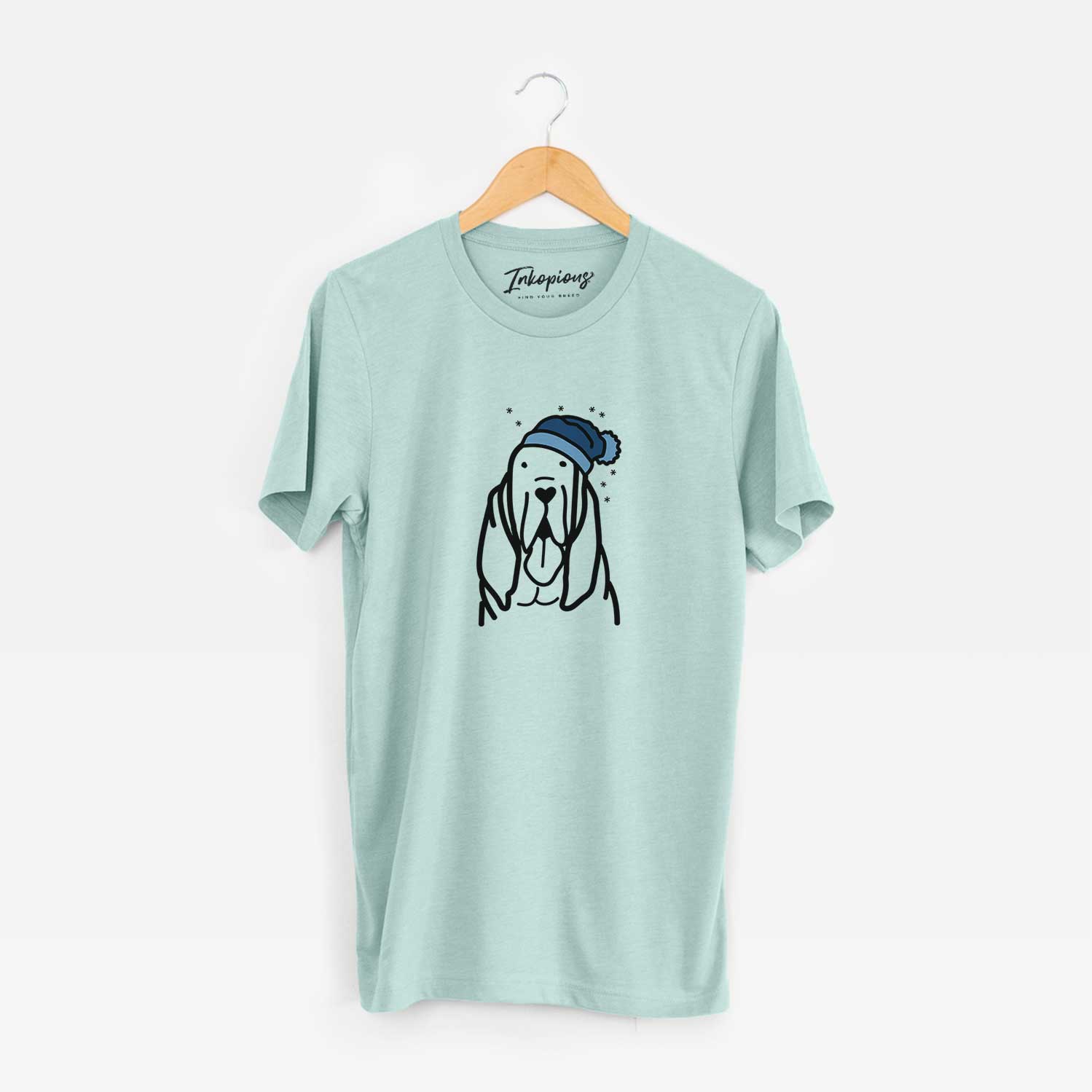 Minimalist line drawing of a Bloodhound wearing a winter beanie on a Heather Sage Unisex crewneck