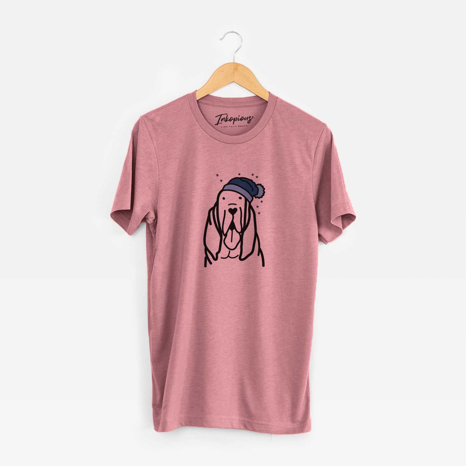 Minimalist line drawing of a Bloodhound wearing a winter beanie on a Mauve Unisex crewneck