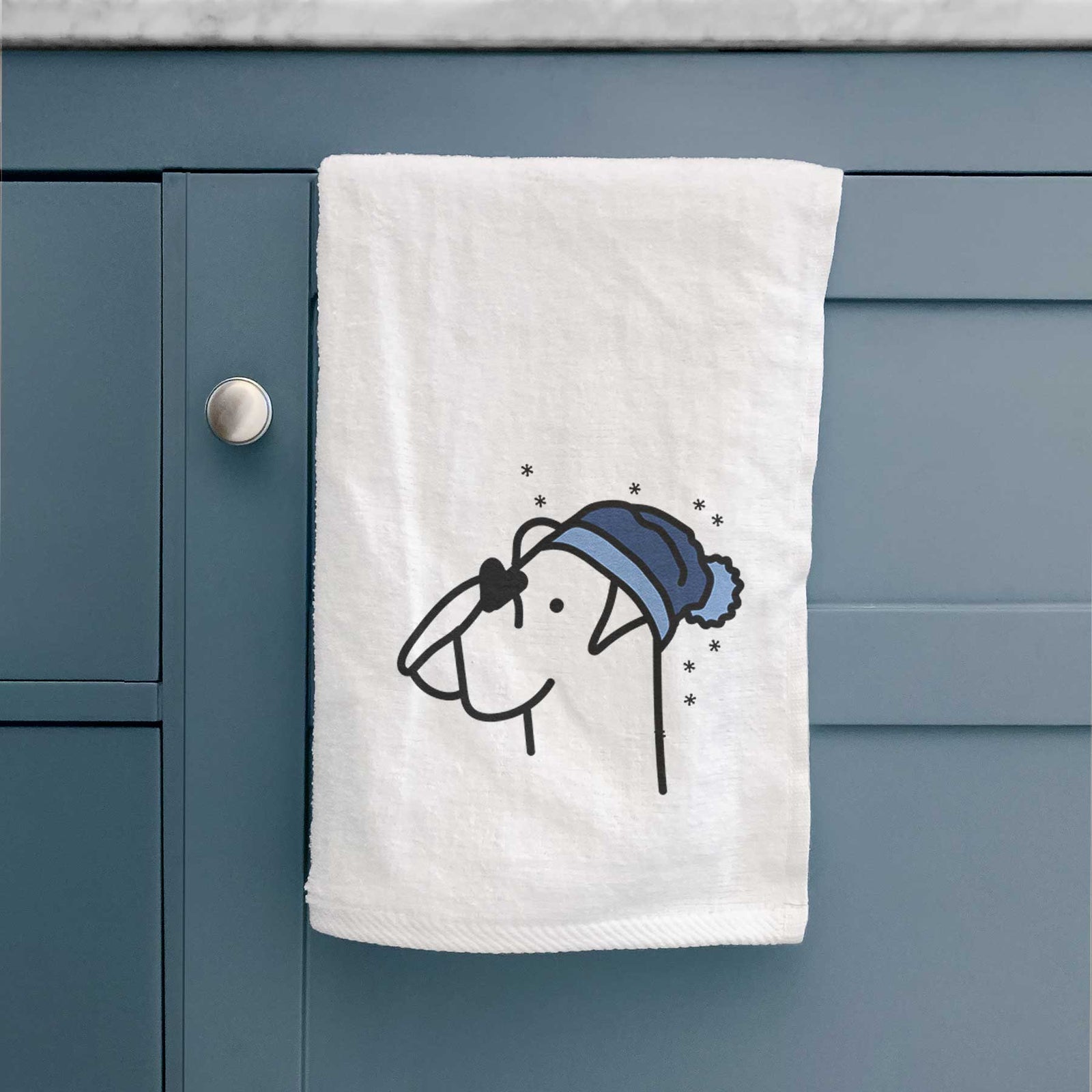 Minimalist line drawing of a Boxer wearing a winter beanie on a decorative hand towel
