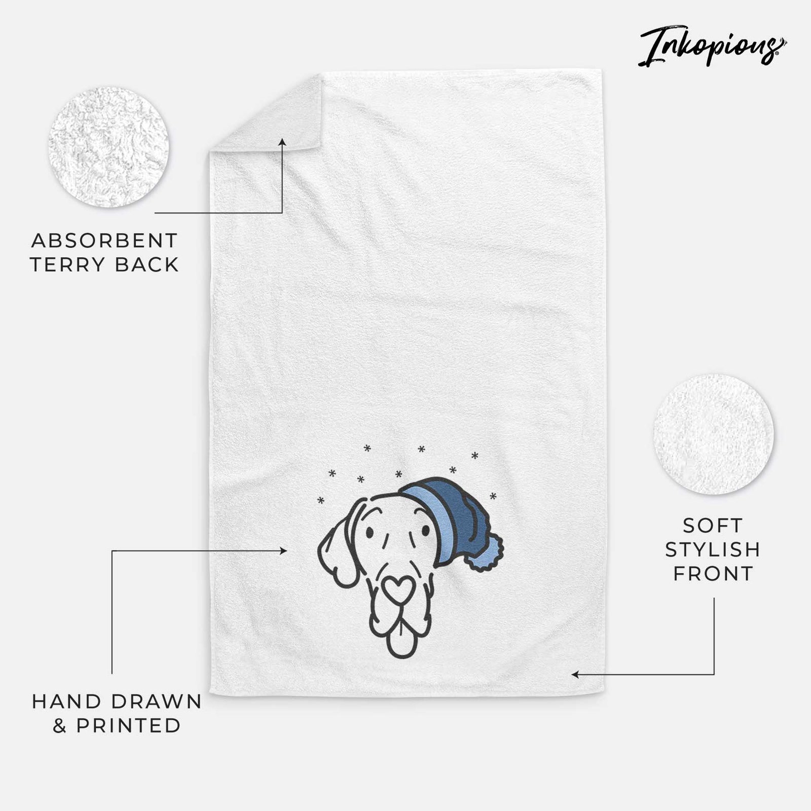 Minimalist line drawing of Bruce the Great Dane wearing a winter beanie on a decorative hand towel