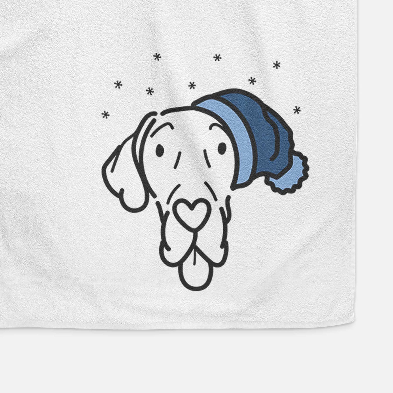 Minimalist line drawing of Bruce the Great Dane wearing a winter beanie on a decorative hand towel