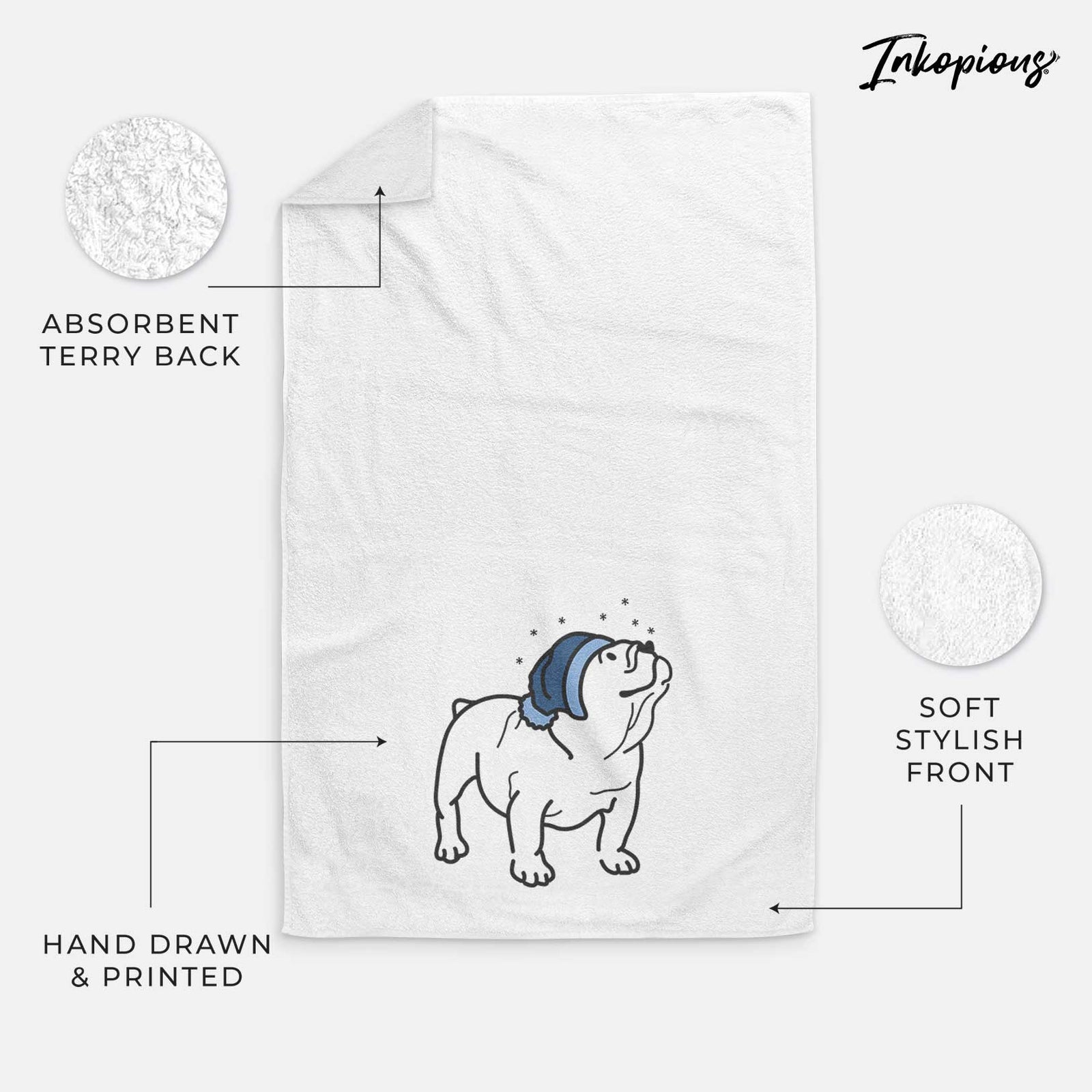 Minimalist line drawing of Bruno the English Bulldog wearing a winter beanie on a decorative hand towel